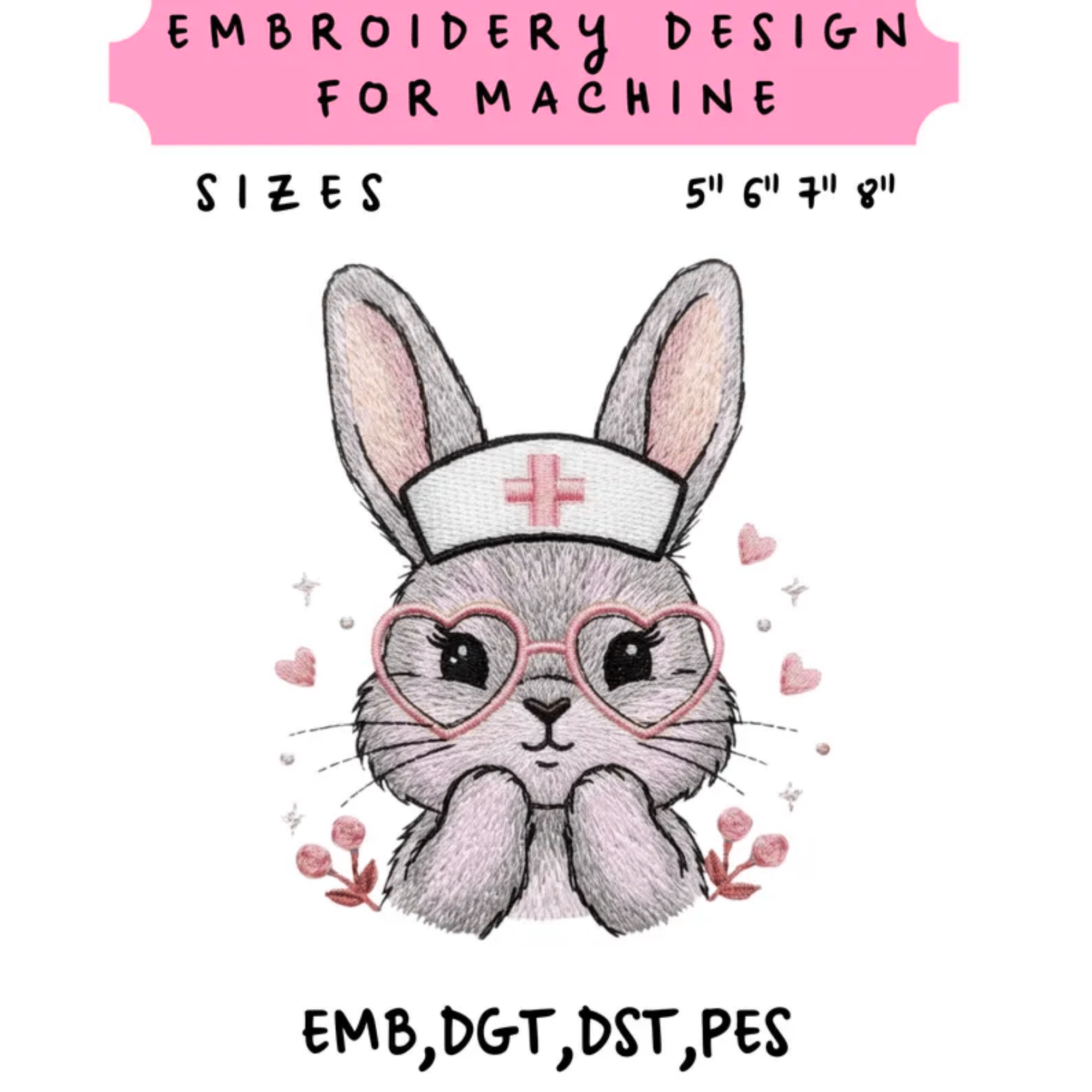 Preppy Easter Bunny Embroidery File Retro Bunny Ears Design Coquette Spring Machine Stitch Pattern
