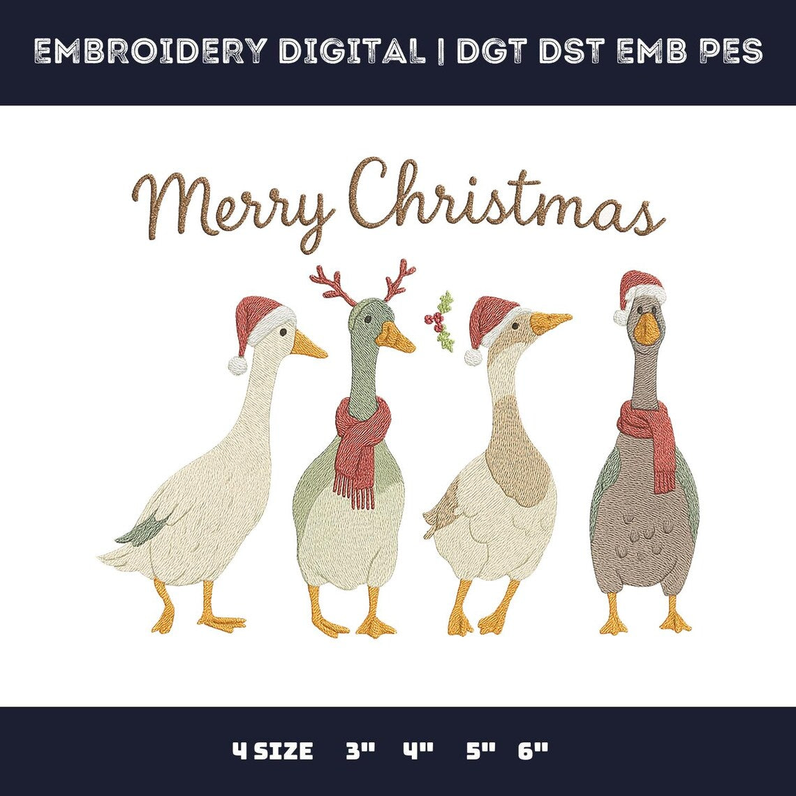 Christmas Duck Embroidery Design, Holiday Animals Machine File (3-6 Inch)