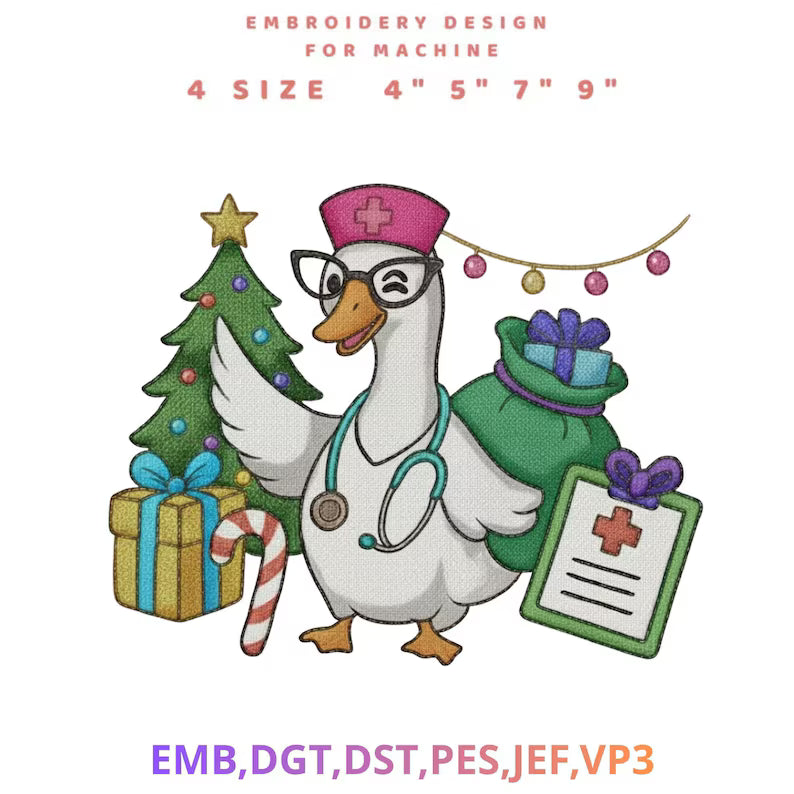 Nurse Christmas Silly Goose Embroidery File Funny Goose Holiday Design Cute Xmas Animal Pattern Nurse Life Embroidery