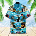 Black Cat Beach 3D Hawaiian Shirt, Funny Cat Aloha Shirt, Tropical Summer Shirt, Unisex Beach Vacation Outfit, Polyester Shirt S–5XL
