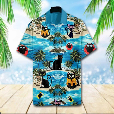 Black Cat Beach 3D Hawaiian Shirt, Funny Cat Aloha Shirt, Tropical Summer Shirt, Unisex Beach Vacation Outfit, Polyester Shirt S–5XL