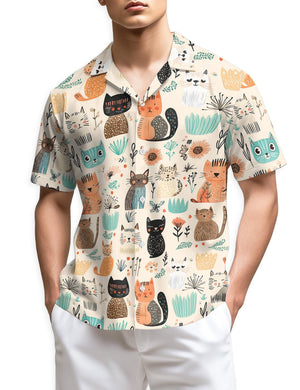 Cat Abstract Trees and Flowers Hawaiian Shirt For Men, All Over Print Aloha Shirt, Unisex Tropical Summer Shirt, S-5XL