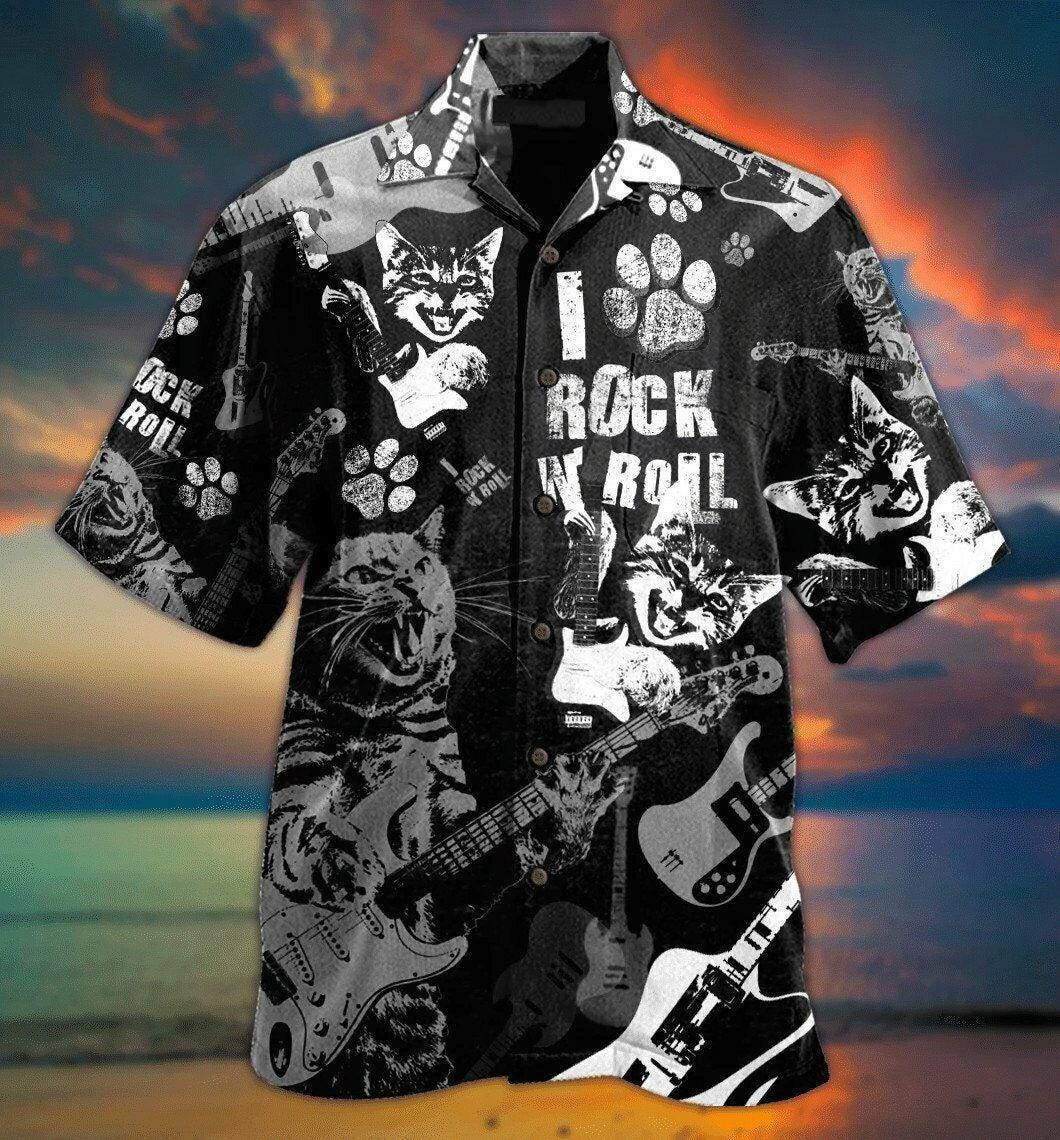 Cat Rock And Roll 3D Hawaiian Shirt, Funny Music Aloha Shirt, Cool Cat Summer Party Shirt, Unisex Beach Outfit, Sizes S–5XL