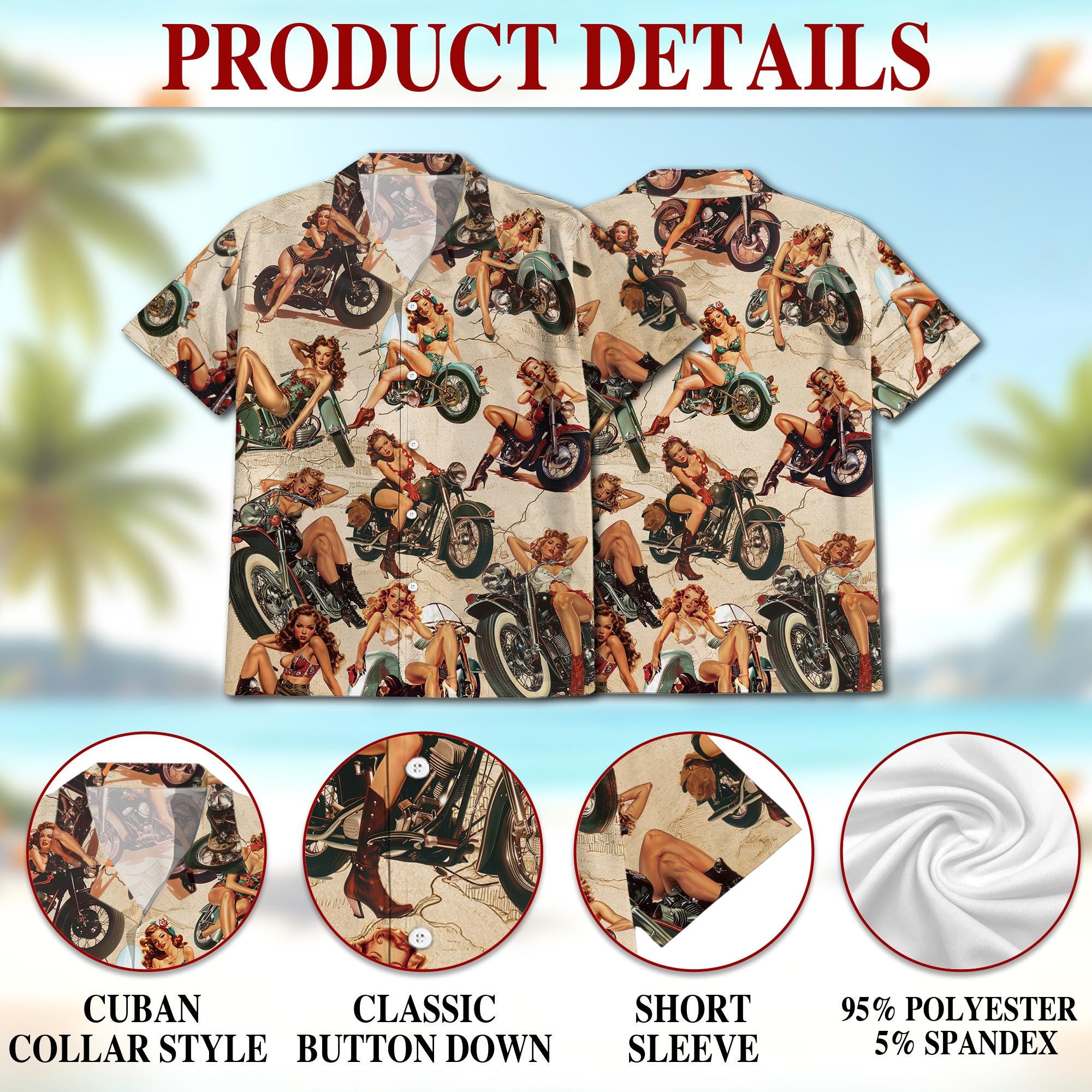Pin Up Girls on Motorcycles Hawaiian Shirt, Vintage Biker Girl Aloha Button-Up, Retro Motorcycle Lovers Shirt, S-5XL