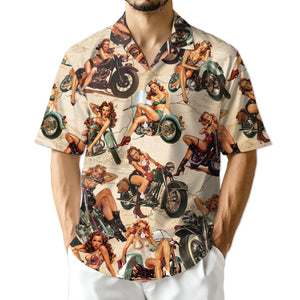 Pin Up Girls on Motorcycles Hawaiian Shirt, Vintage Biker Girl Aloha Button-Up, Retro Motorcycle Lovers Shirt, S-5XL