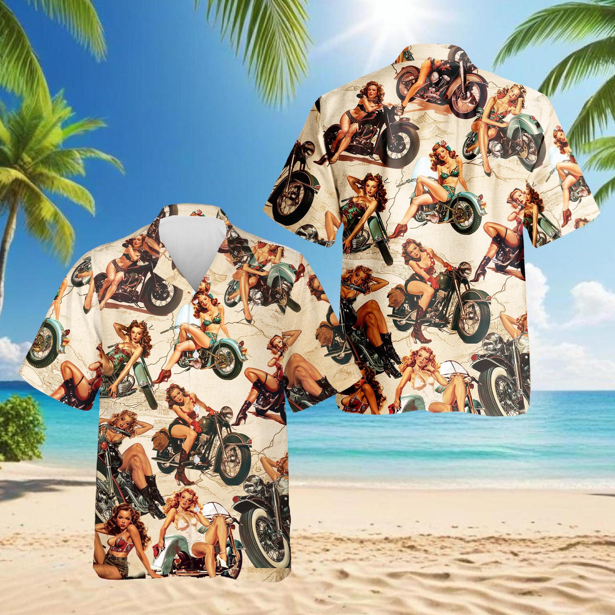 Pin Up Girls on Motorcycles Hawaiian Shirt, Vintage Biker Girl Aloha Button-Up, Retro Motorcycle Lovers Shirt, S-5XL