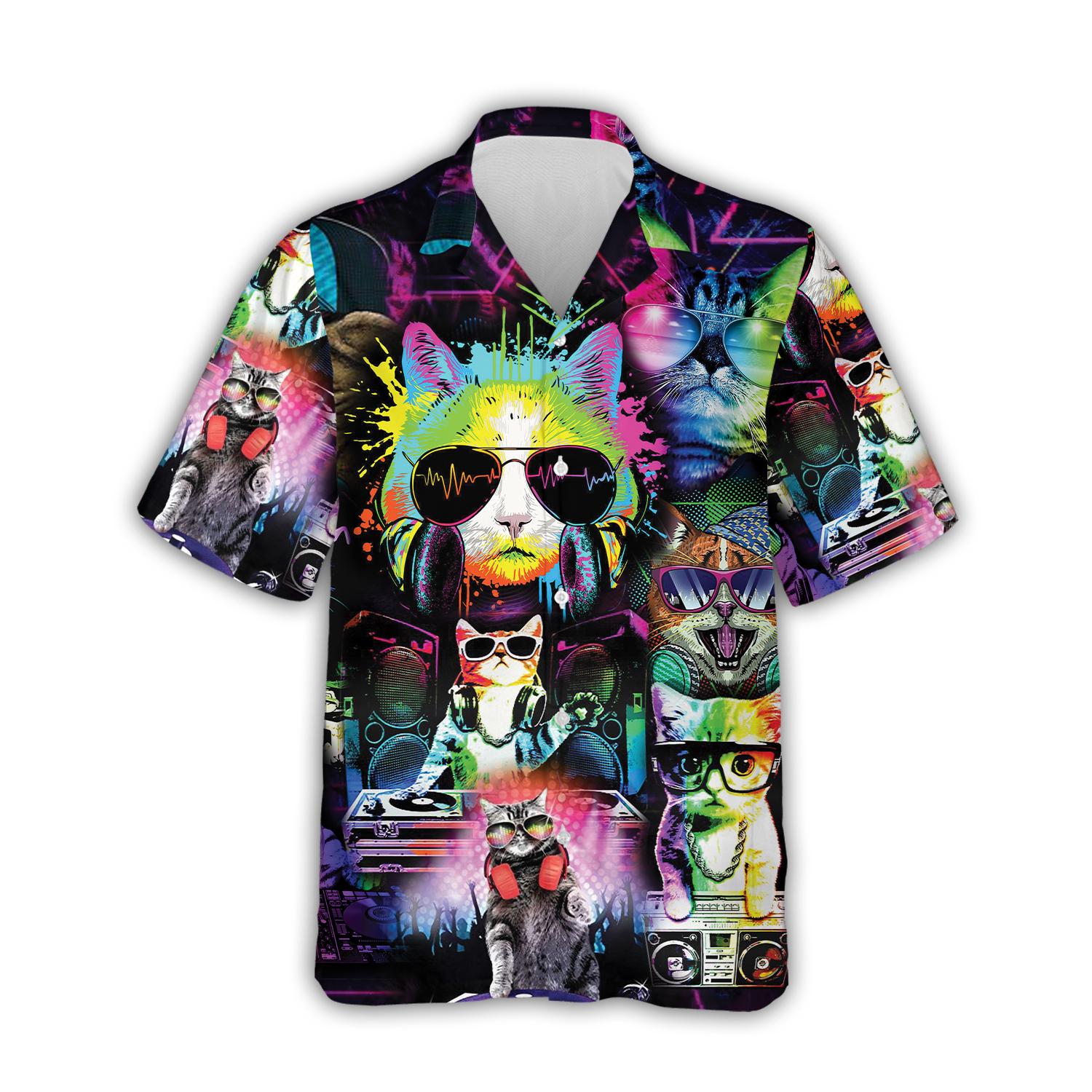 DJ Cat Hawaiian Shirt, Colorful Aloha Shirt with Cool Cats in Sunglasses Headphones, Perfect Shirt for Cat Lovers, Party Enthusiasts