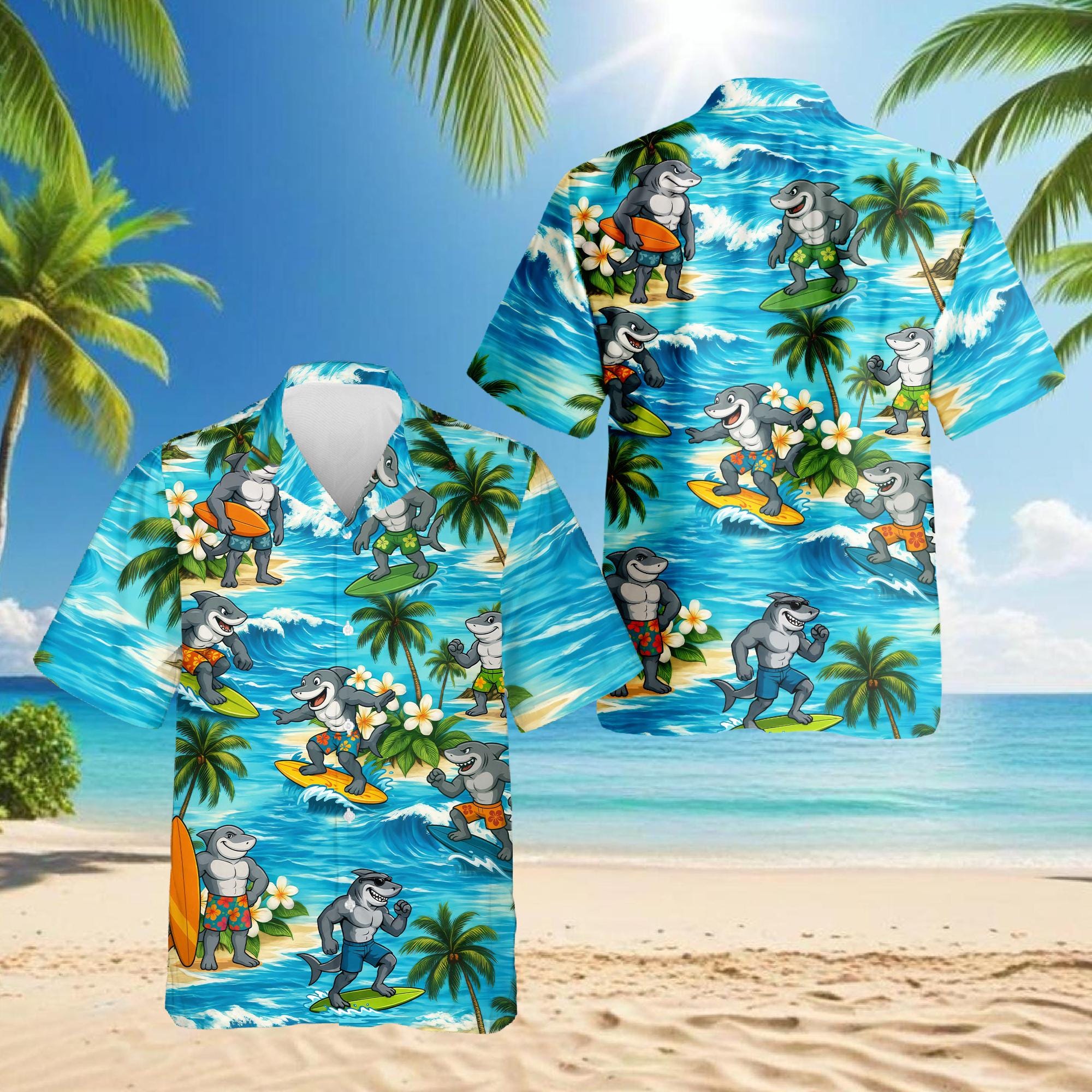 Surfing Shark Hawaiian Shirt, Summer Holiday Aloha Beach Party Shirt for Men Women, Funny Tropical Surf Button-Up, S-5XL