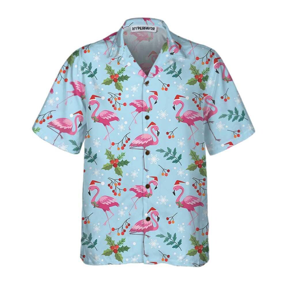 Christmas Flamingo Seamless Pattern Hawaiian Shirt, Tropical Holiday Aloha Shirt for Men Women, Cute Xmas Flamingo Button-Up, S-5XL