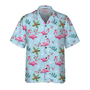 Christmas Flamingo Seamless Pattern Hawaiian Shirt, Tropical Holiday Aloha Shirt for Men Women, Cute Xmas Flamingo Button-Up, S-5XL