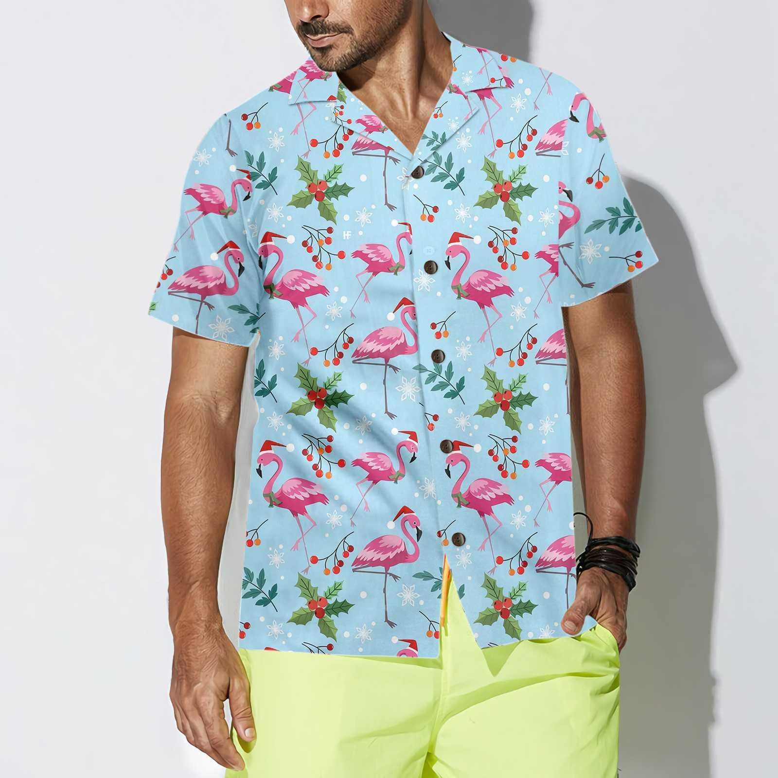 Christmas Flamingo Seamless Pattern Hawaiian Shirt, Tropical Holiday Aloha Shirt for Men Women, Cute Xmas Flamingo Button-Up, S-5XL