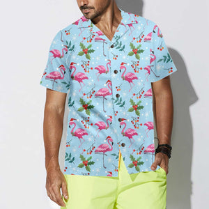 Christmas Flamingo Seamless Pattern Hawaiian Shirt, Tropical Holiday Aloha Shirt for Men Women, Cute Xmas Flamingo Button-Up, S-5XL