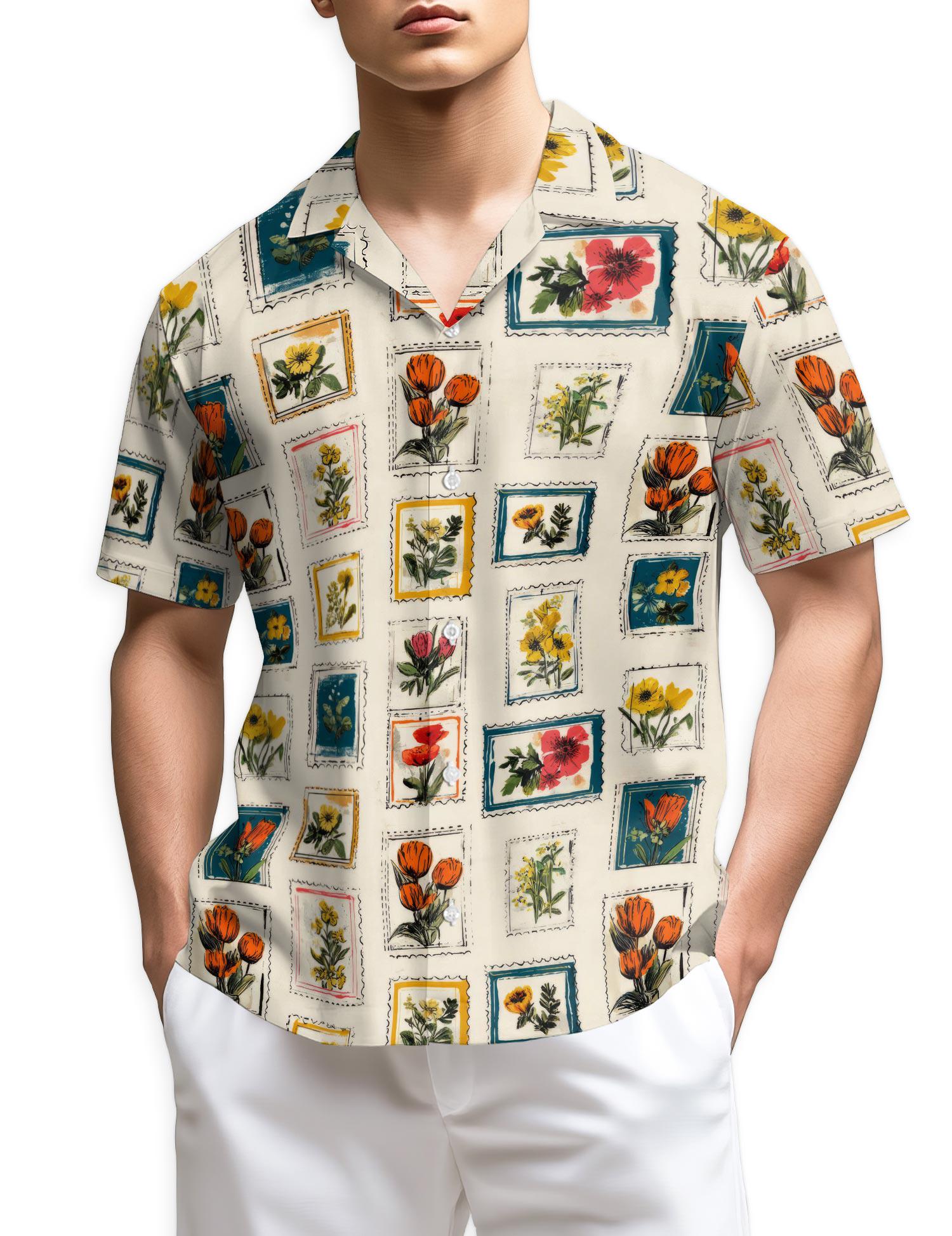 Floral Stamp Hawaiian Shirt, Vintage Postage Flower Aloha Shirt for Men Women, Retro Botanical Button-Up Vacation Top, Sizes S–5XL