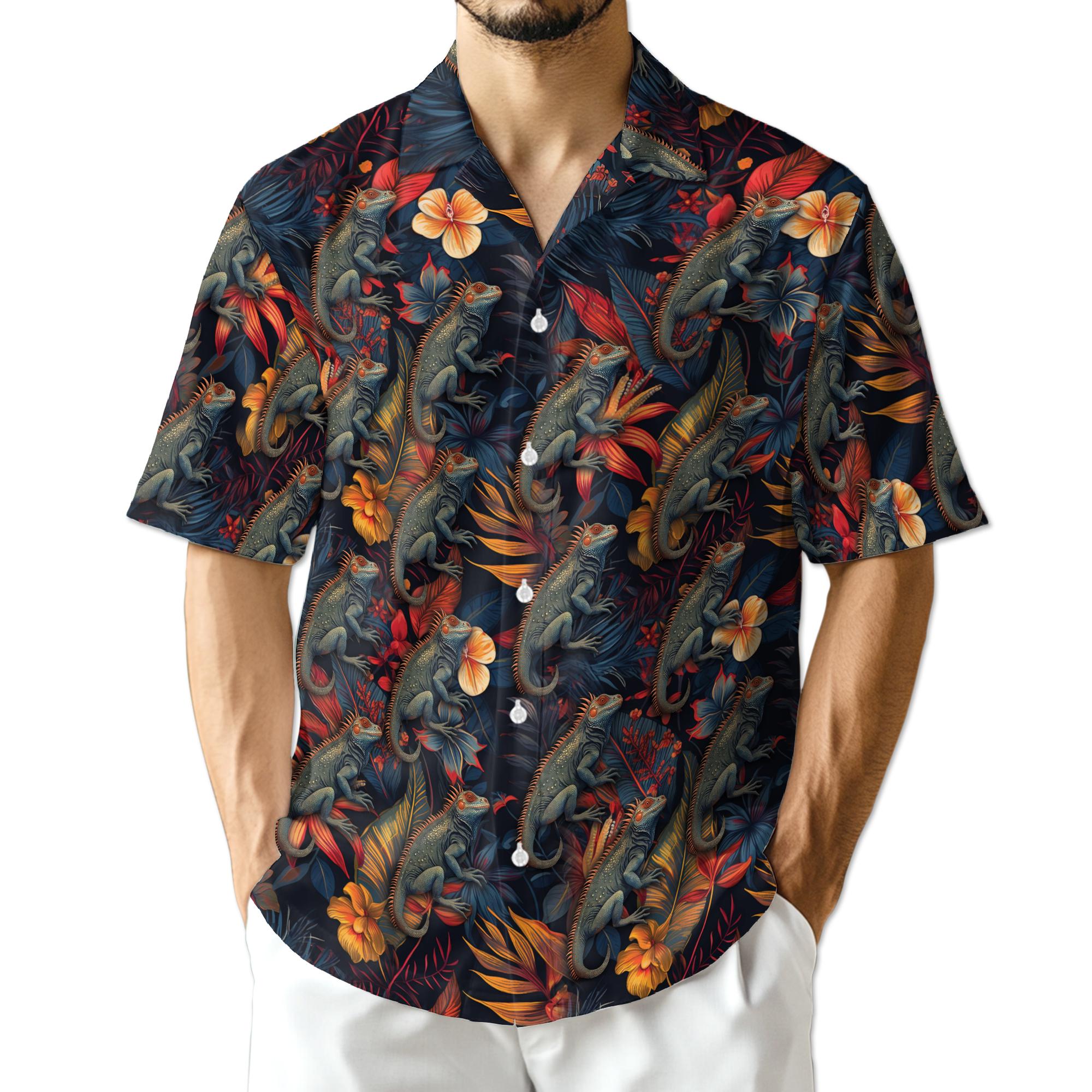 Amazing Iguanas Hawaiian Shirt, Tropical Lizard Aloha Shirt for Men Women, Colorful Reptile Print Button-Up Summer Vacation Top, Sizes S–5XL
