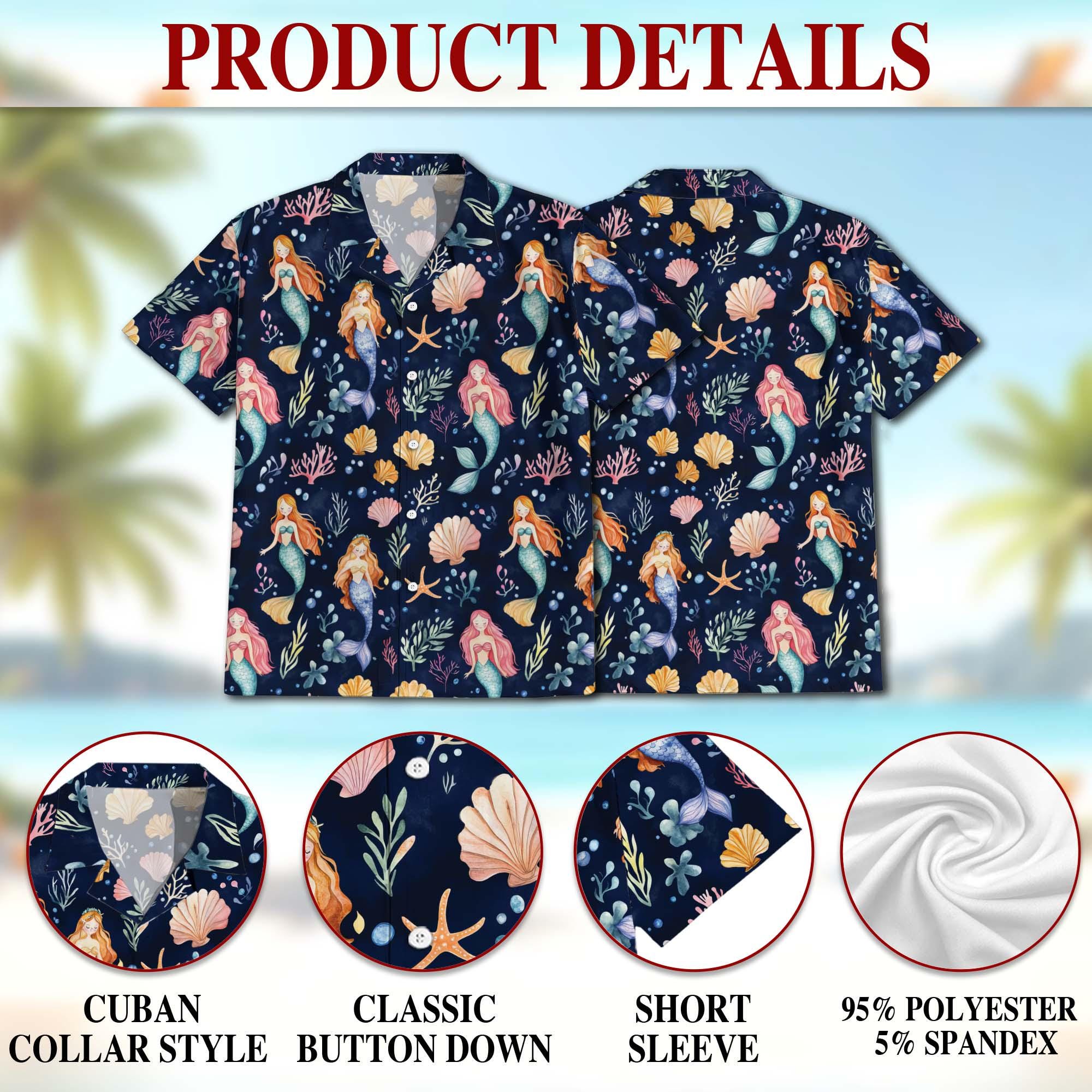 Cute Mermaid Hawaiian Shirt, Fun Mermaid Aloha Shirt for Men Women, Tropical Ocean Button-Up Summer Top, S-5XL