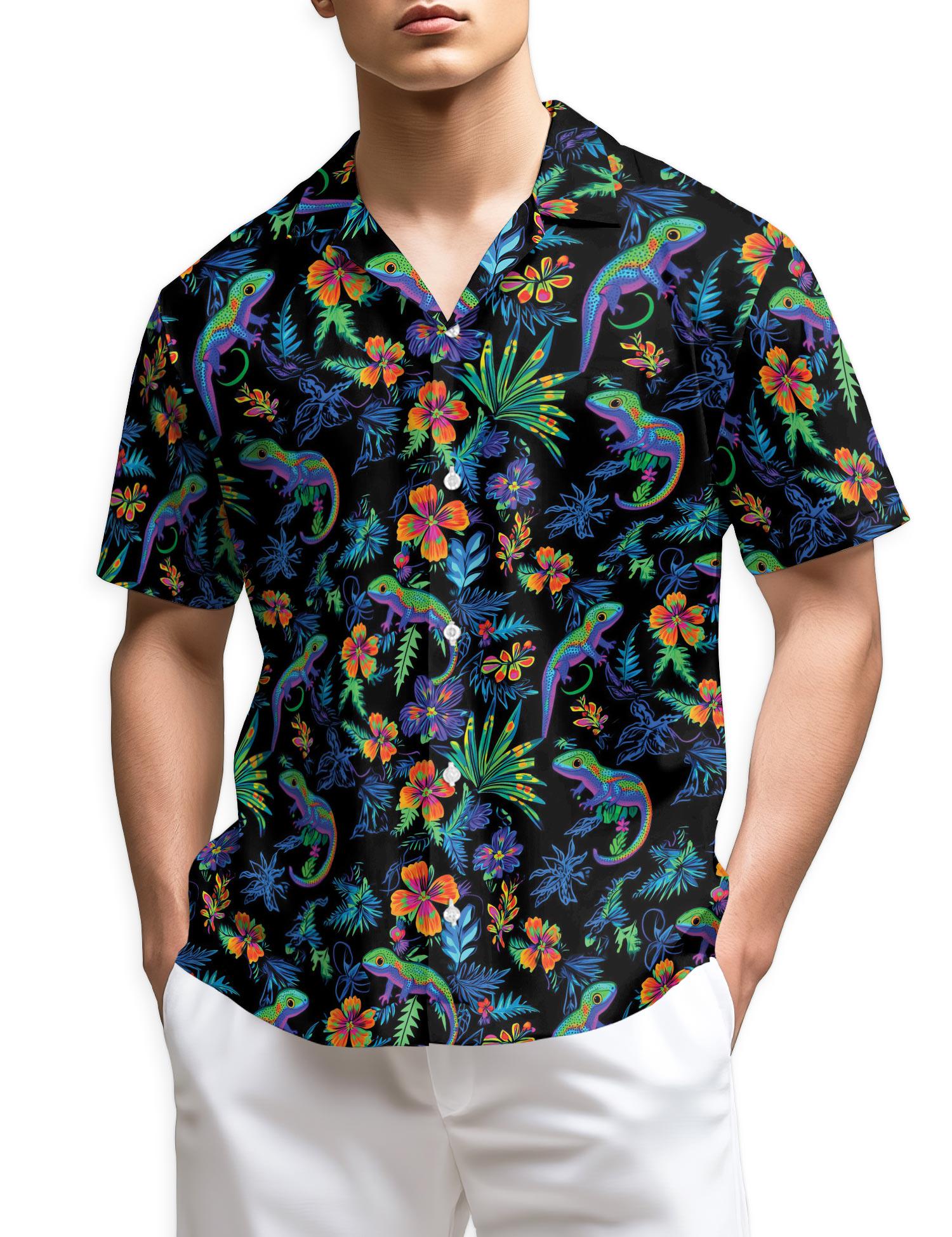 Colorful Gecko Pattern Hawaiian Shirt, Tropical Lizard Aloha Shirt for Men Women, Vibrant Gecko Print Button-Up Summer Top, S-5XL