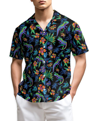 Colorful Gecko Pattern Hawaiian Shirt, Tropical Lizard Aloha Shirt for Men Women, Vibrant Gecko Print Button-Up Summer Top, S-5XL