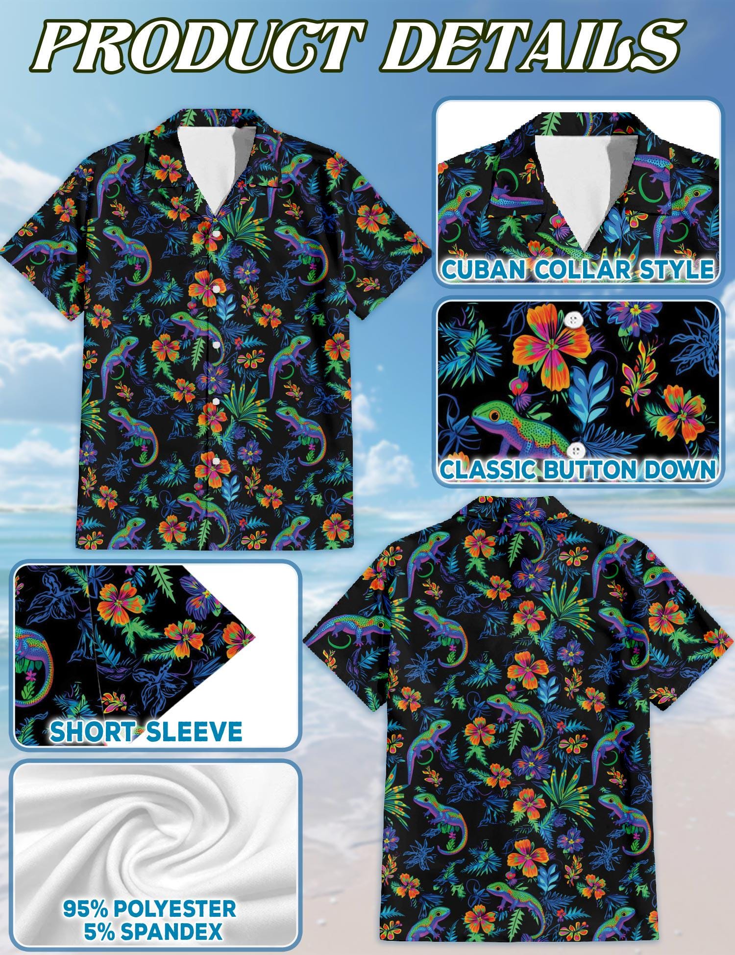 Colorful Gecko Pattern Hawaiian Shirt, Tropical Lizard Aloha Shirt for Men Women, Vibrant Gecko Print Button-Up Summer Top, S-5XL