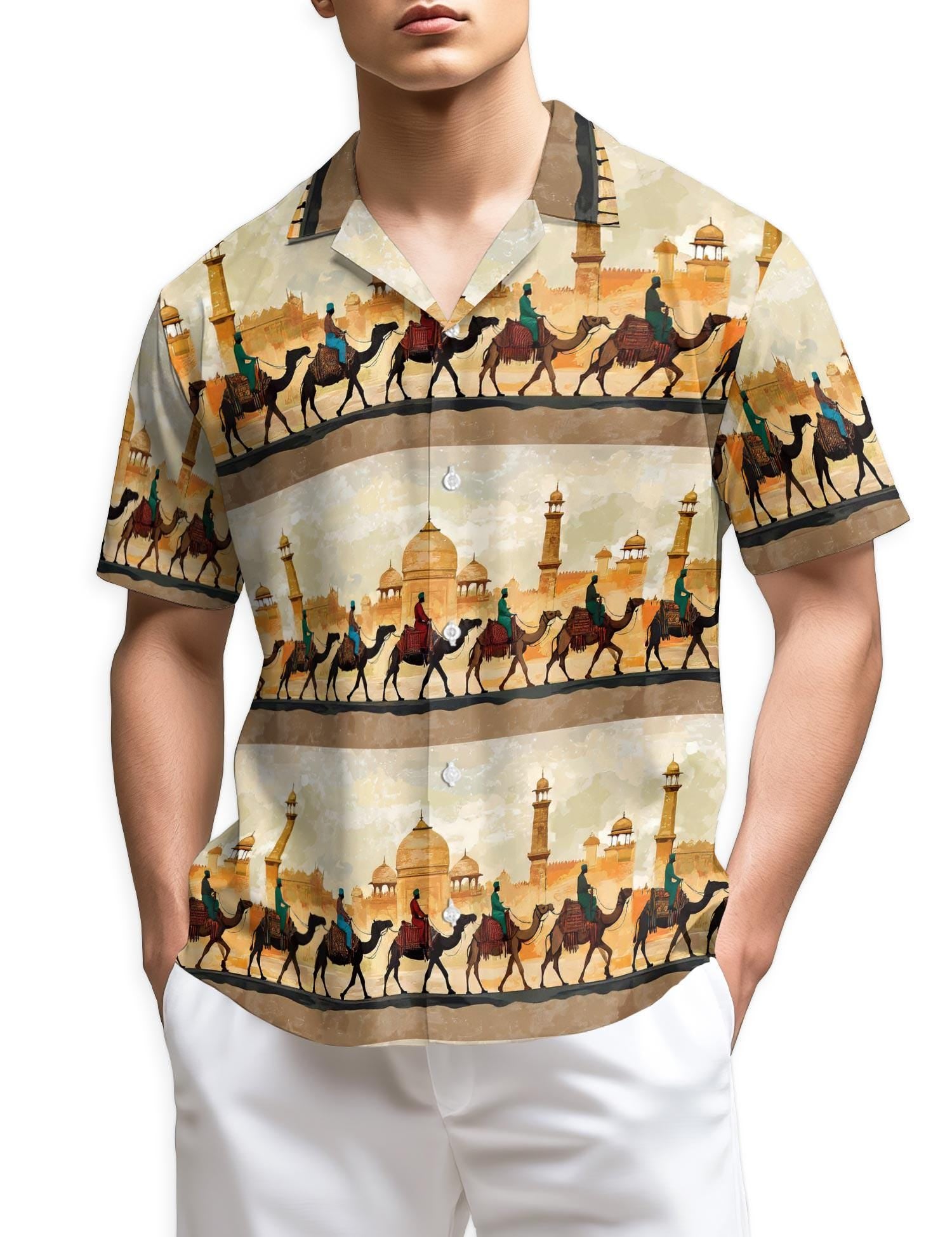 Desert Camel Hawaiian Shirt, Arabian Desert Aloha Shirt for Men Women, Camel Pattern Tropical Button-Up Summer Top, S-5XL