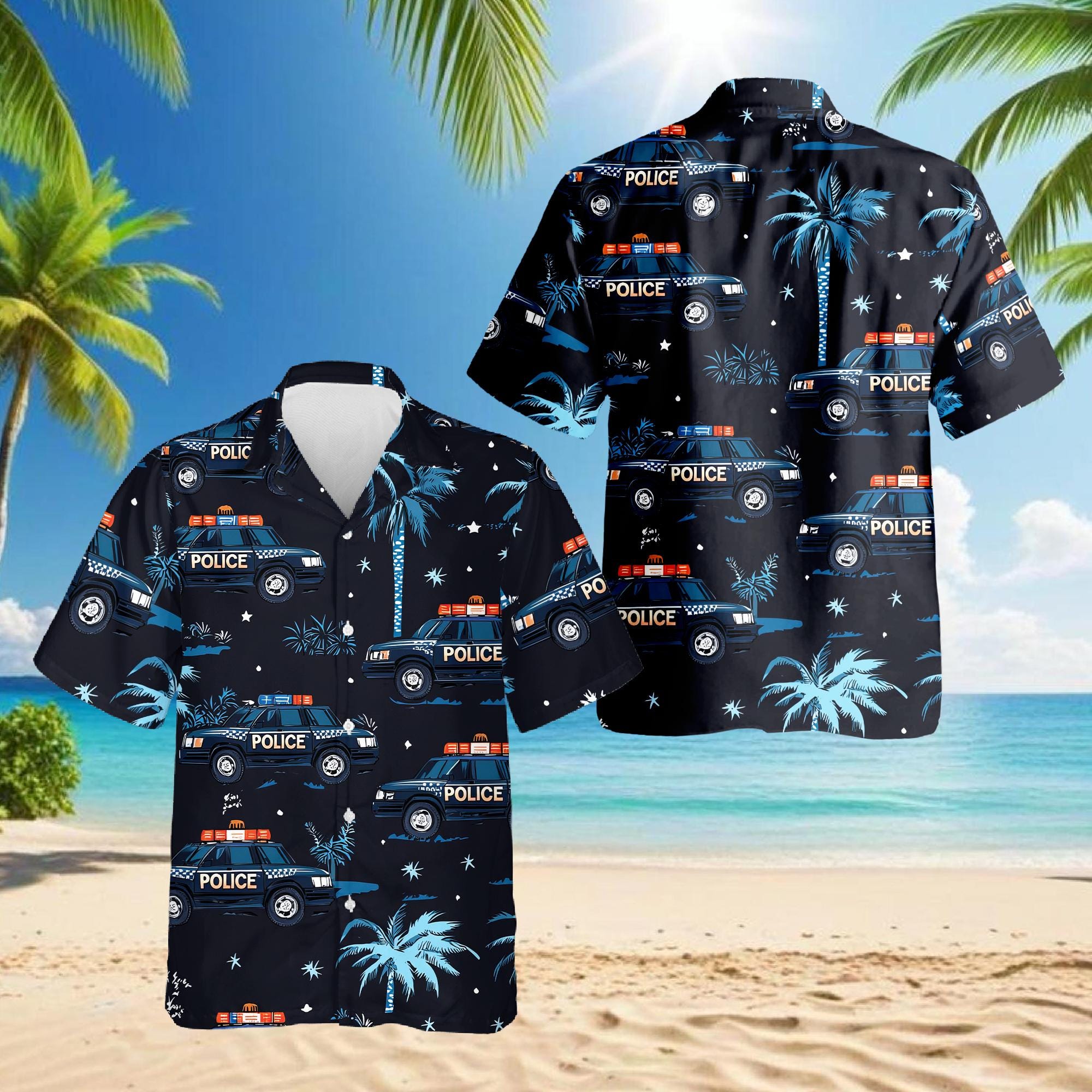 Police Cars Seamless Pattern Hawaiian Shirt, Law Enforcement Aloha Shirt for Men Women, Patrol Car Print Button-Up Summer Top, S-5XL