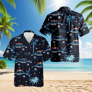 Police Cars Seamless Pattern Hawaiian Shirt, Law Enforcement Aloha Shirt for Men Women, Patrol Car Print Button-Up Summer Top, S-5XL