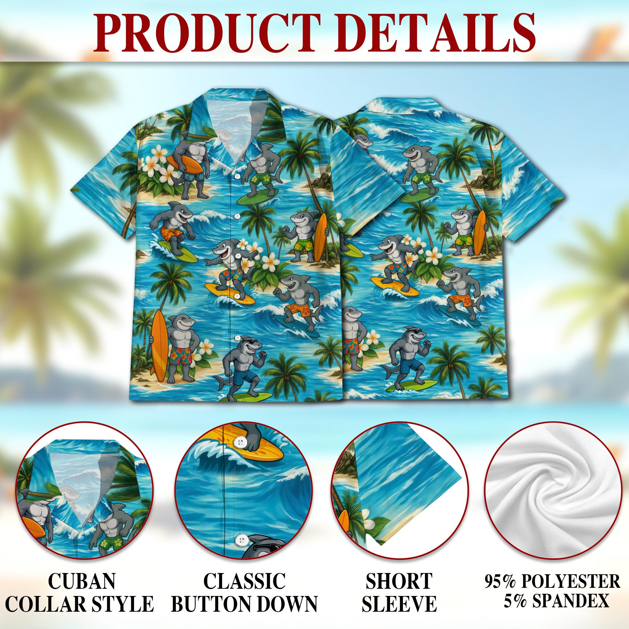 Surfing Shark Hawaiian Shirt, Summer Holiday Aloha Beach Party Shirt for Men Women, Funny Tropical Surf Button-Up, S-5XL