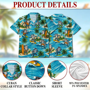 Surfing Shark Hawaiian Shirt, Summer Holiday Aloha Beach Party Shirt for Men Women, Funny Tropical Surf Button-Up, S-5XL