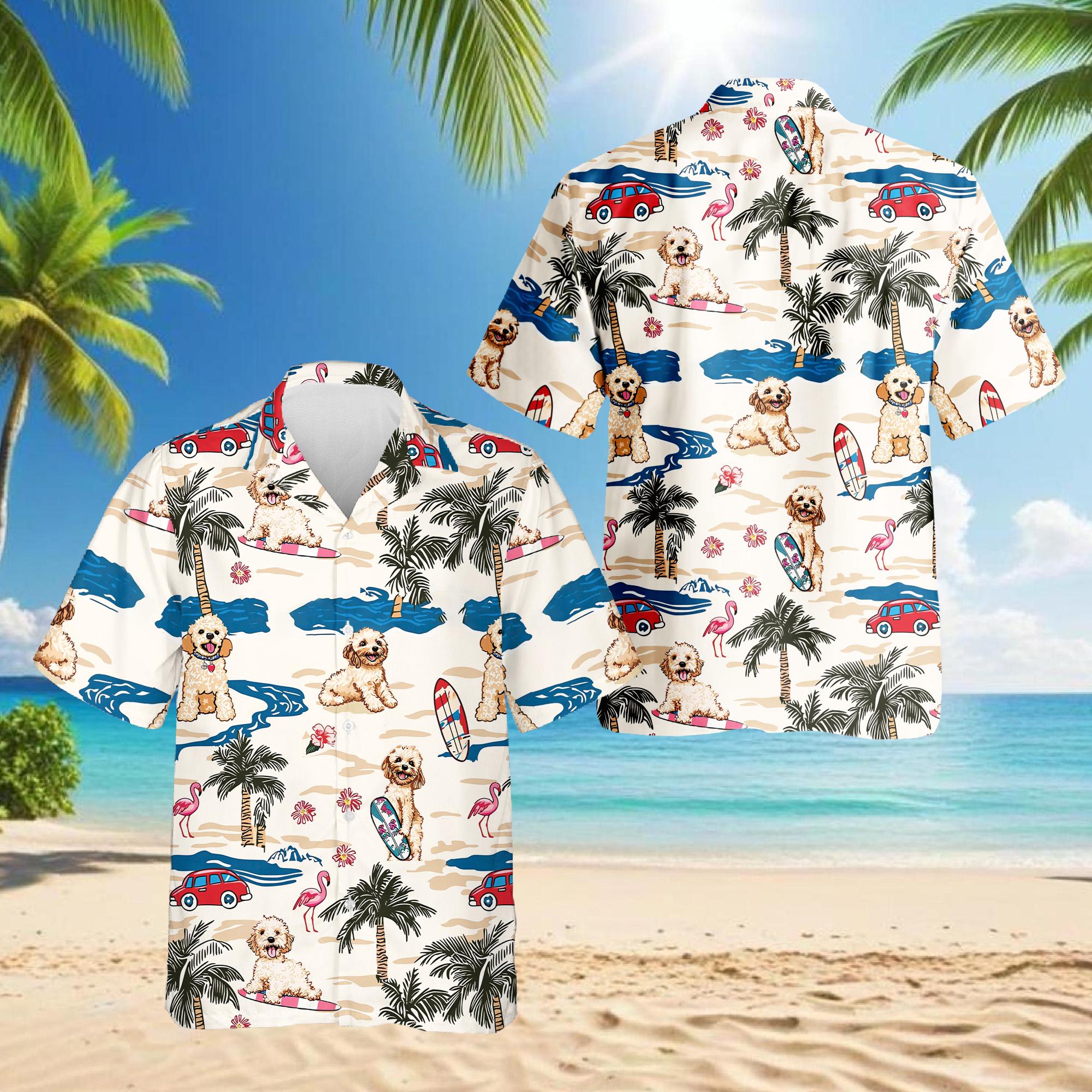 Goldendoodle Beach Hawaiian Shirt, Cute Dog Summer Aloha Shirt, Doodle Lover Button Down, Vacation Casual Outfit Gift, S-5XL