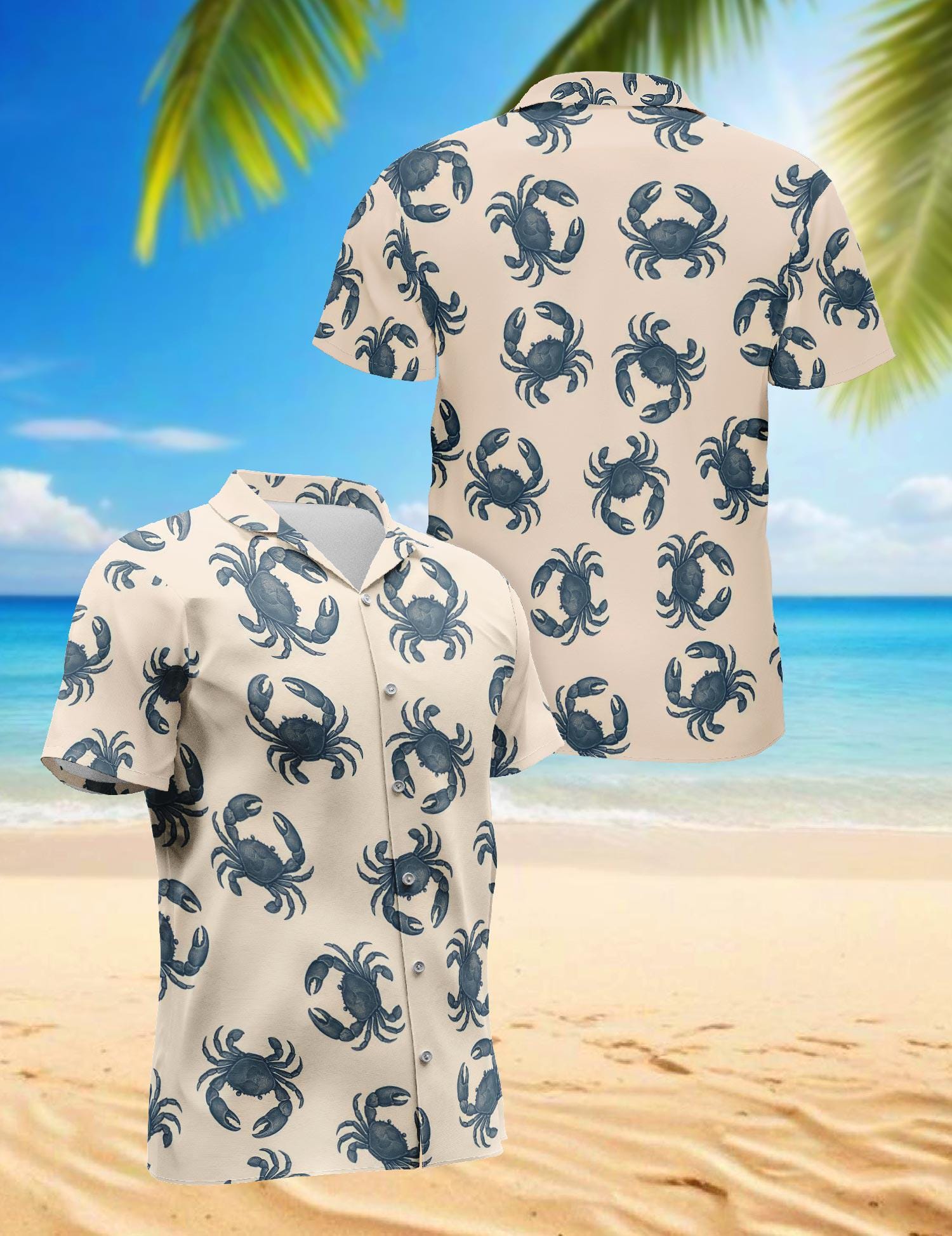 Crab Pattern Hawaiian Shirt, Tropical Crab Aloha Shirt, Beach Seafood Button Down, Summer Vacation Casual Outfit Gift, S-5XL