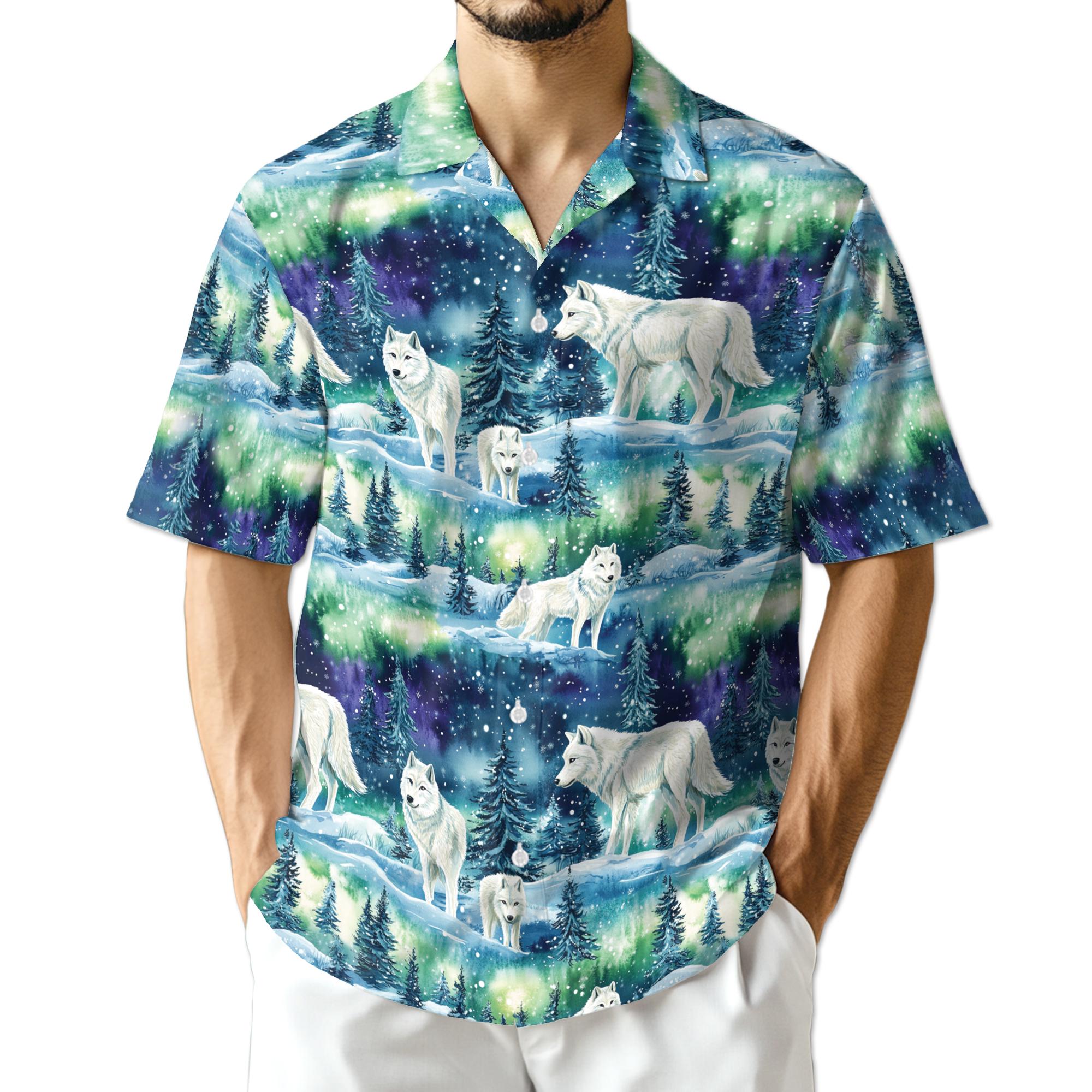 Winter Wolf Hawaiian Shirt, Snow Wolf Aloha Shirt for Men Women, Arctic Wolf Pattern Button Up Winter Nature Top, S-5XL