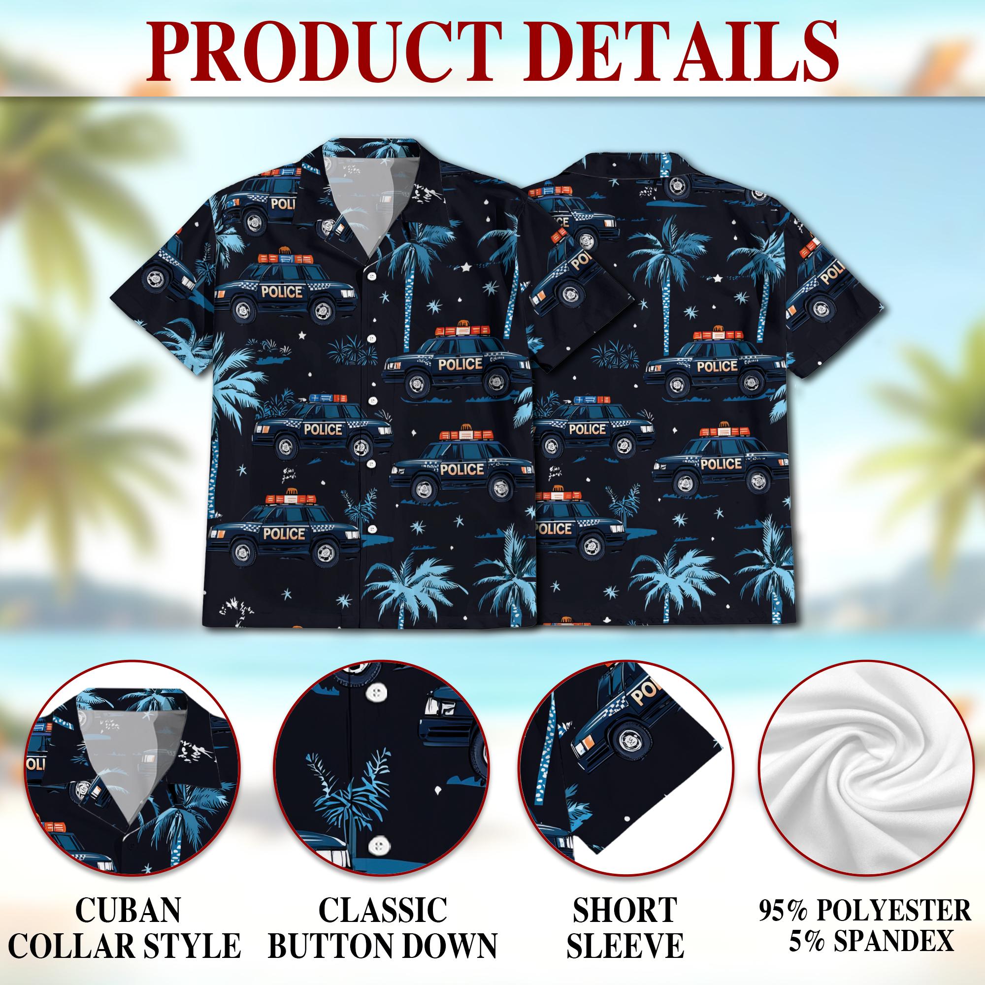 Police Cars Seamless Pattern Hawaiian Shirt, Law Enforcement Aloha Shirt for Men Women, Patrol Car Print Button-Up Summer Top, S-5XL