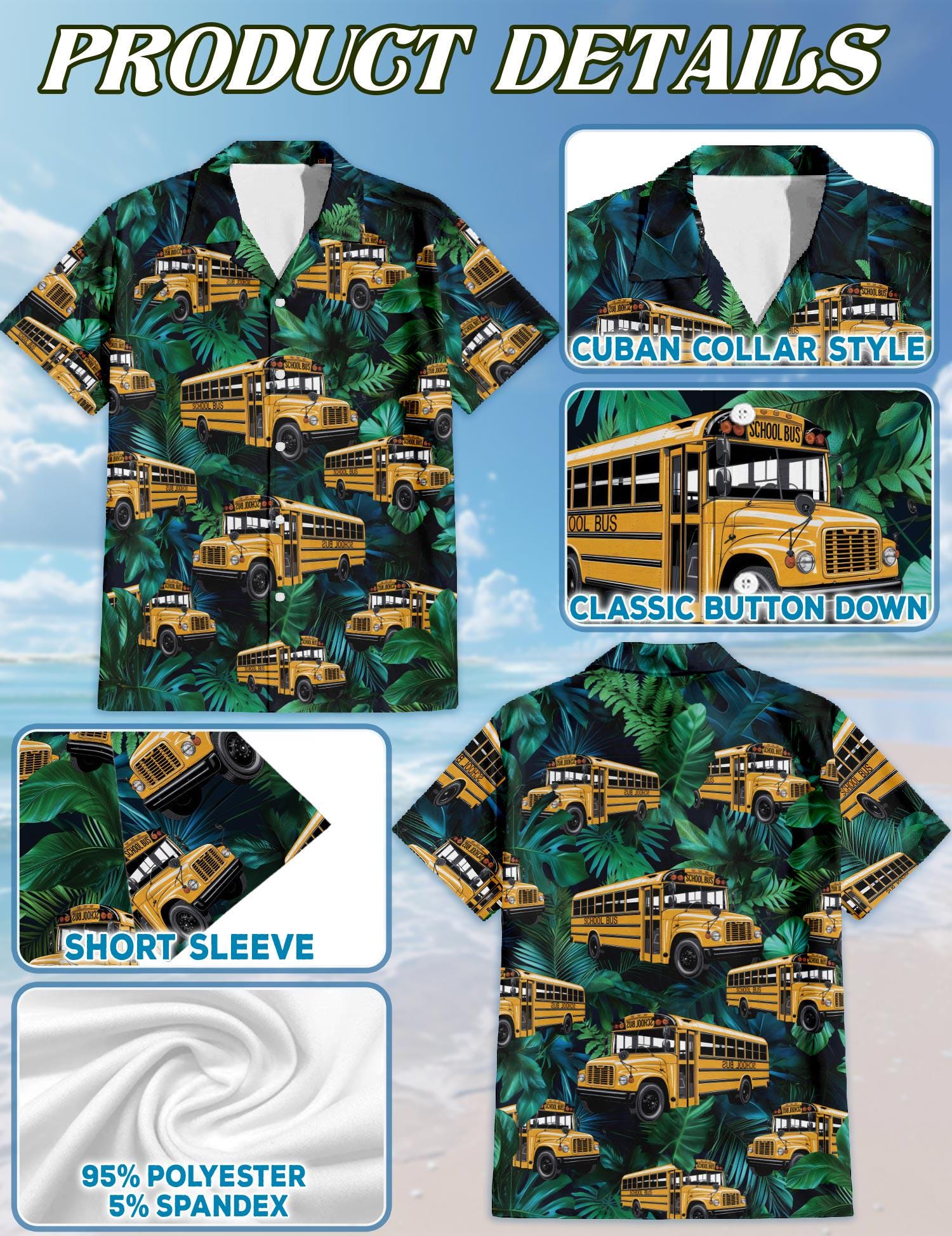 School Bus Hawaiian Shirt, Yellow Bus Aloha Shirt, Funny Teacher Driver Button Down, Summer Vacation Casual Outfit Gift, S-5XL