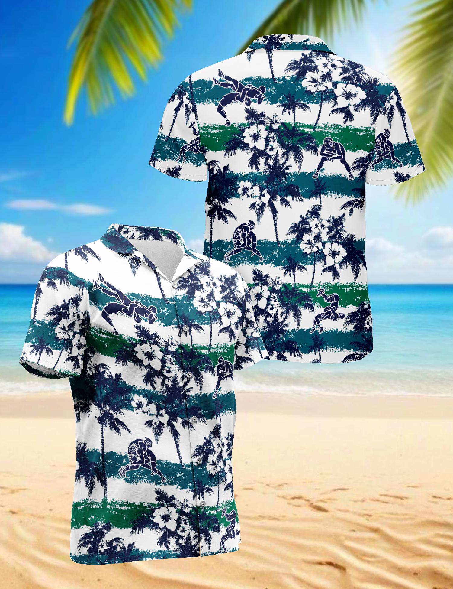 Wrestling Hawaiian Shirt, White Palm Aloha Shirt, Wrestling Fan Button Down, Tropical Summer Beach Casual Outfit, S-5XL