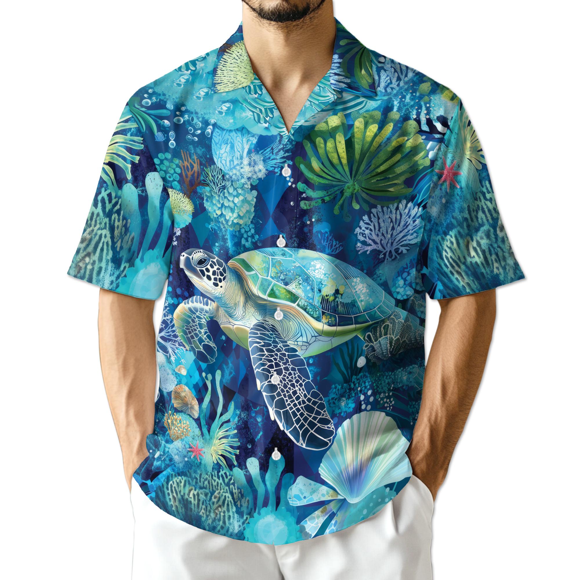 Turtle Coral Hawaiian Shirt, Sea Turtle Aloha Shirt, Ocean Reef Button Down, Tropical Beach Vacation Outfit, S-5XL