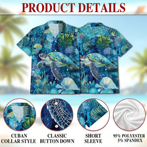 Turtle Coral Hawaiian Shirt, Sea Turtle Aloha Shirt, Ocean Reef Button Down, Tropical Beach Vacation Outfit, S-5XL
