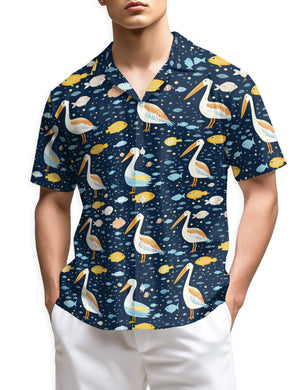 Pelican Pattern Hawaiian Shirt, Coastal Bird Aloha Shirt, Tropical Seaside Button Down, Beach Vacation Outfit, S-5XL