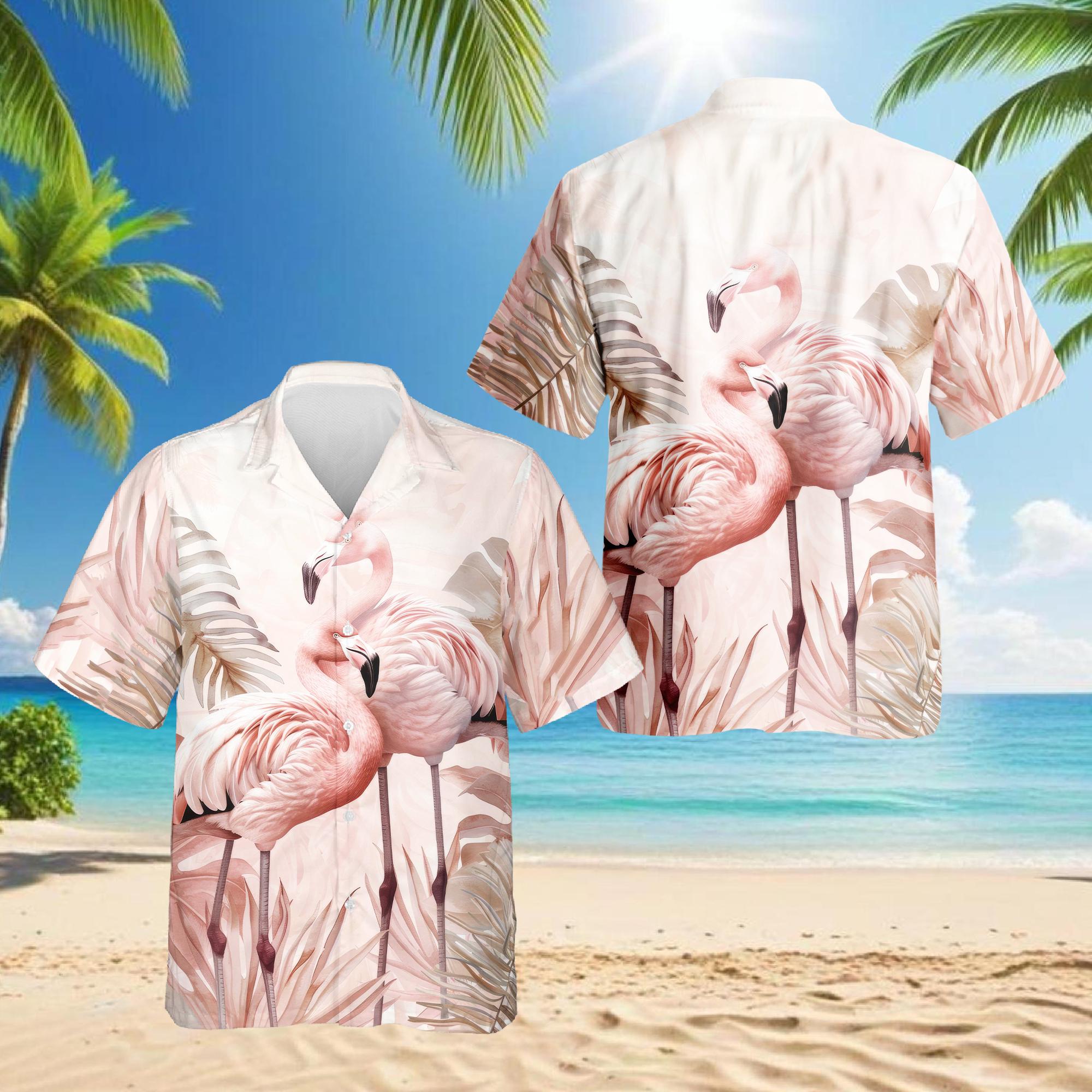 Art Flamingo Hawaiian Shirt, Pink Flamingo Aloha Shirt, Tropical Bird Button Down, Summer Beach Vacation Casual Outfit Gift, S-5XL