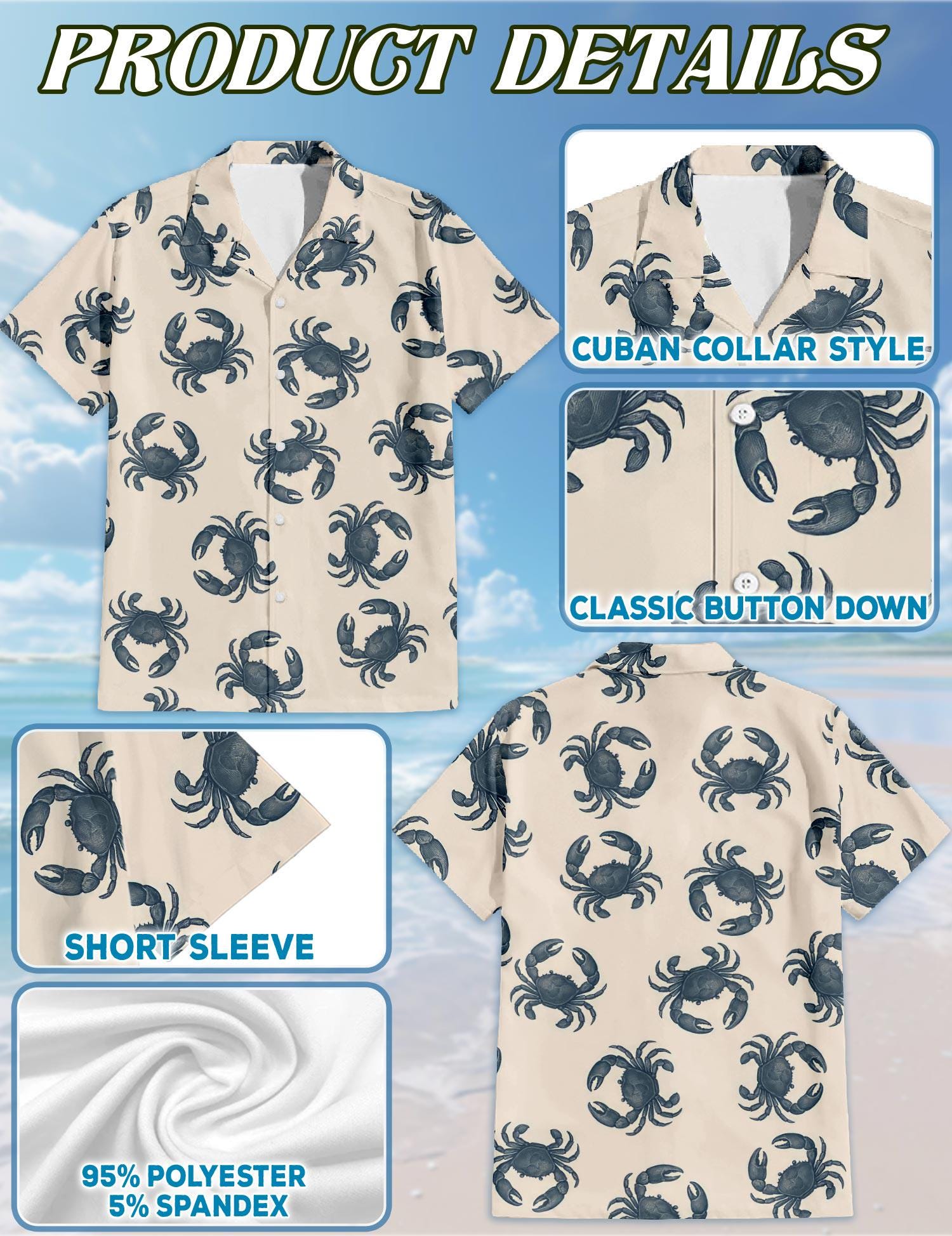 Crab Pattern Hawaiian Shirt, Tropical Crab Aloha Shirt, Beach Seafood Button Down, Summer Vacation Casual Outfit Gift, S-5XL