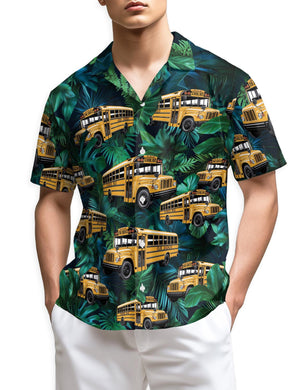 School Bus Hawaiian Shirt, Yellow Bus Aloha Shirt, Funny Teacher Driver Button Down, Summer Vacation Casual Outfit Gift, S-5XL