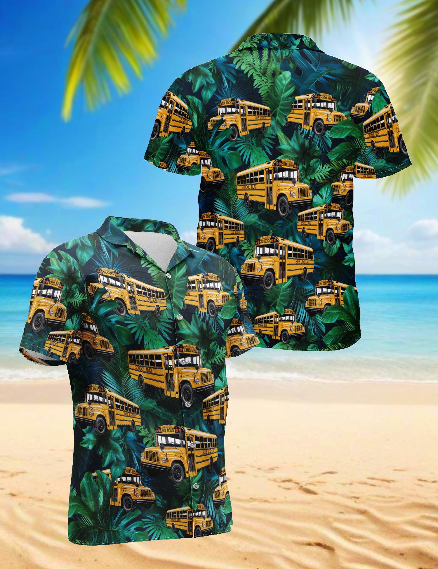 School Bus Hawaiian Shirt, Yellow Bus Aloha Shirt, Funny Teacher Driver Button Down, Summer Vacation Casual Outfit Gift, S-5XL