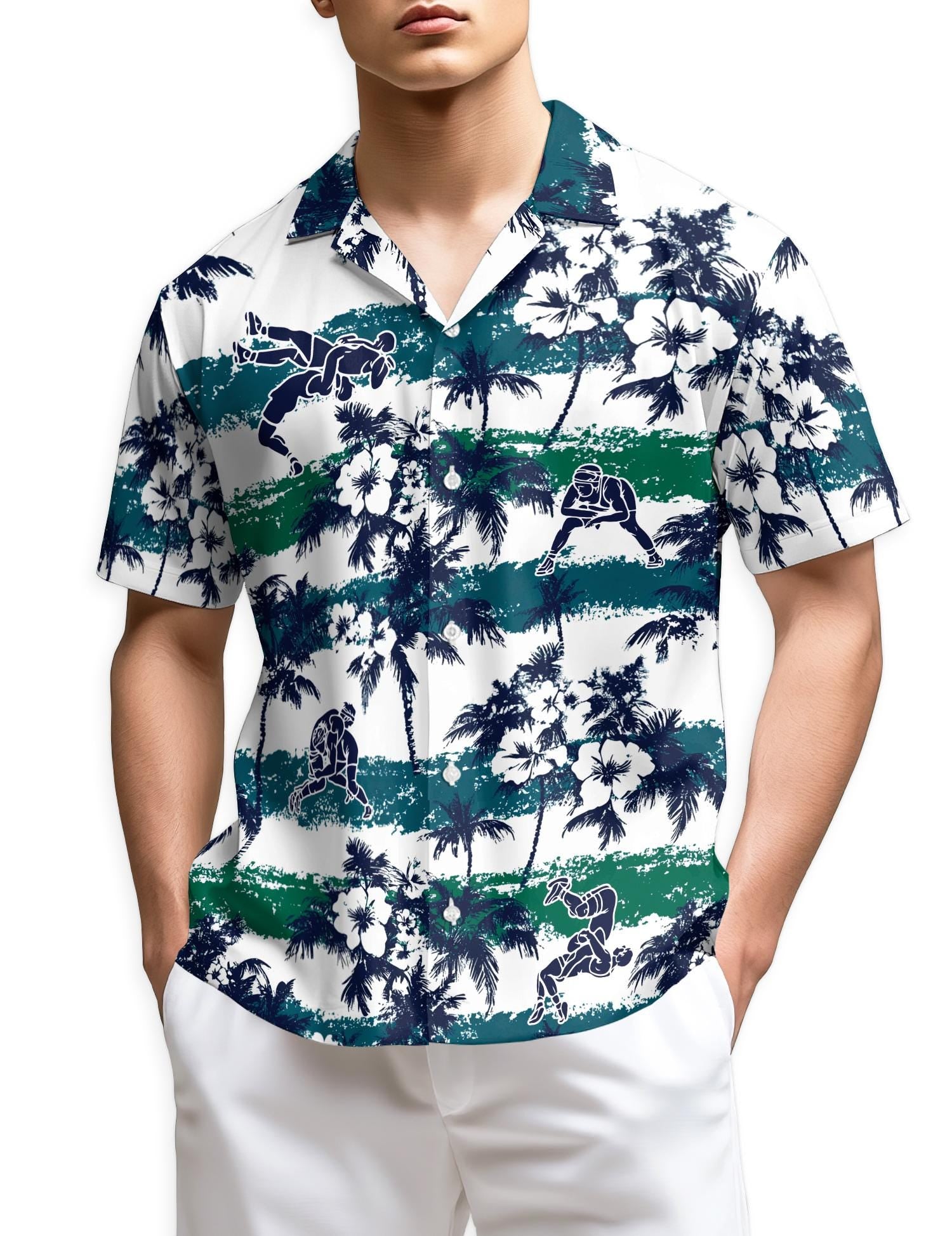 Wrestling Hawaiian Shirt, White Palm Aloha Shirt, Wrestling Fan Button Down, Tropical Summer Beach Casual Outfit, S-5XL