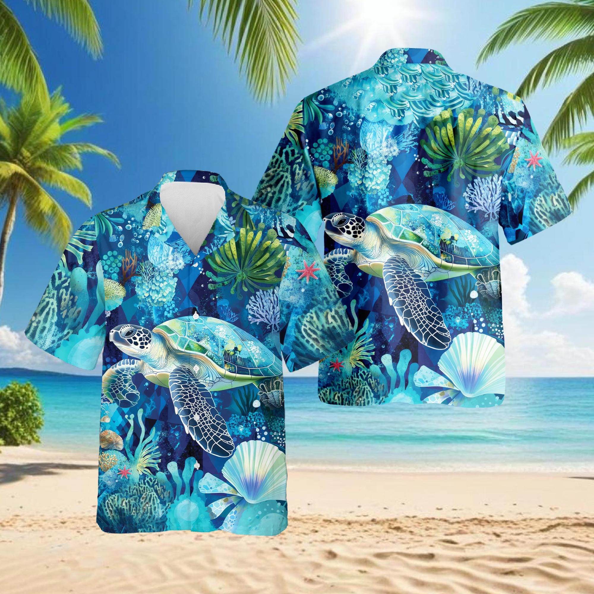 Turtle Coral Hawaiian Shirt, Sea Turtle Aloha Shirt, Ocean Reef Button Down, Tropical Beach Vacation Outfit, S-5XL