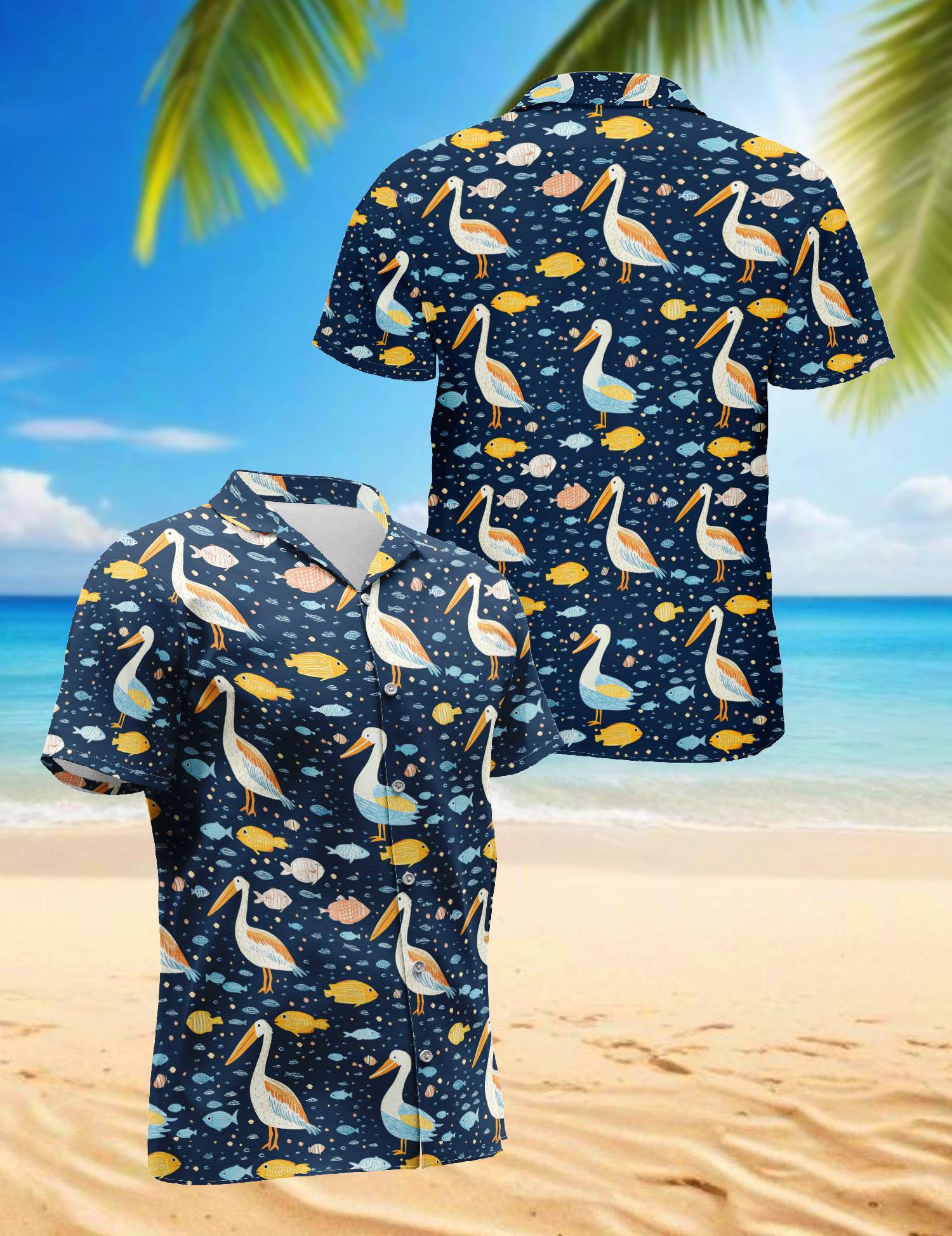 Pelican Pattern Hawaiian Shirt, Coastal Bird Aloha Shirt, Tropical Seaside Button Down, Beach Vacation Outfit, S-5XL