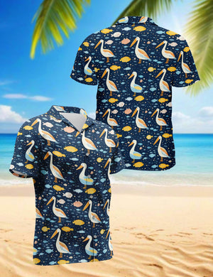 Pelican Pattern Hawaiian Shirt, Coastal Bird Aloha Shirt, Tropical Seaside Button Down, Beach Vacation Outfit, S-5XL