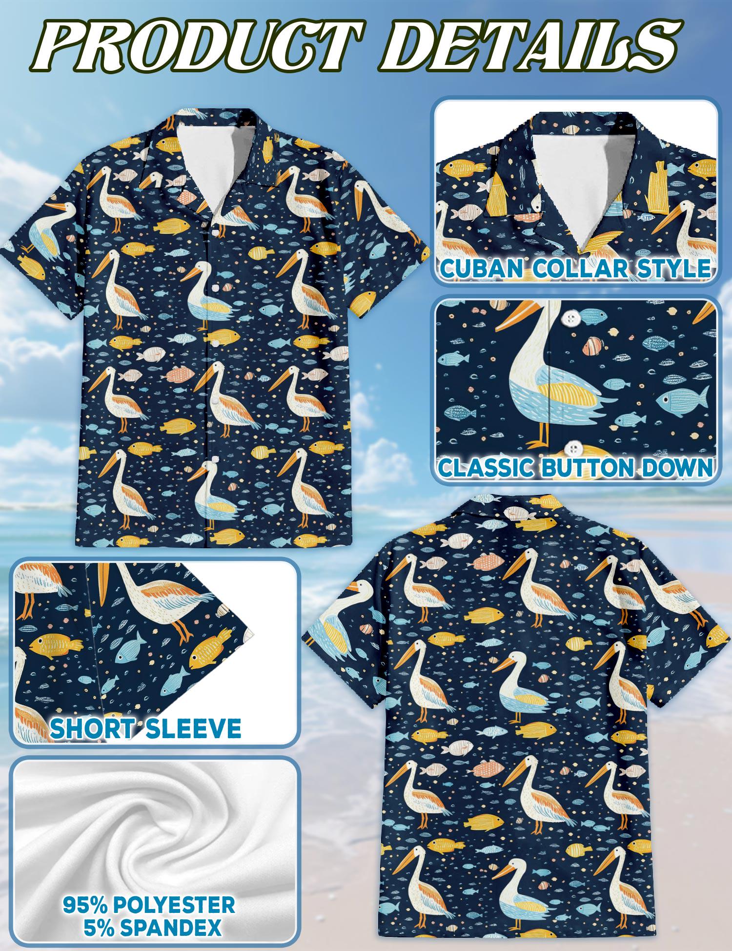 Pelican Pattern Hawaiian Shirt, Coastal Bird Aloha Shirt, Tropical Seaside Button Down, Beach Vacation Outfit, S-5XL