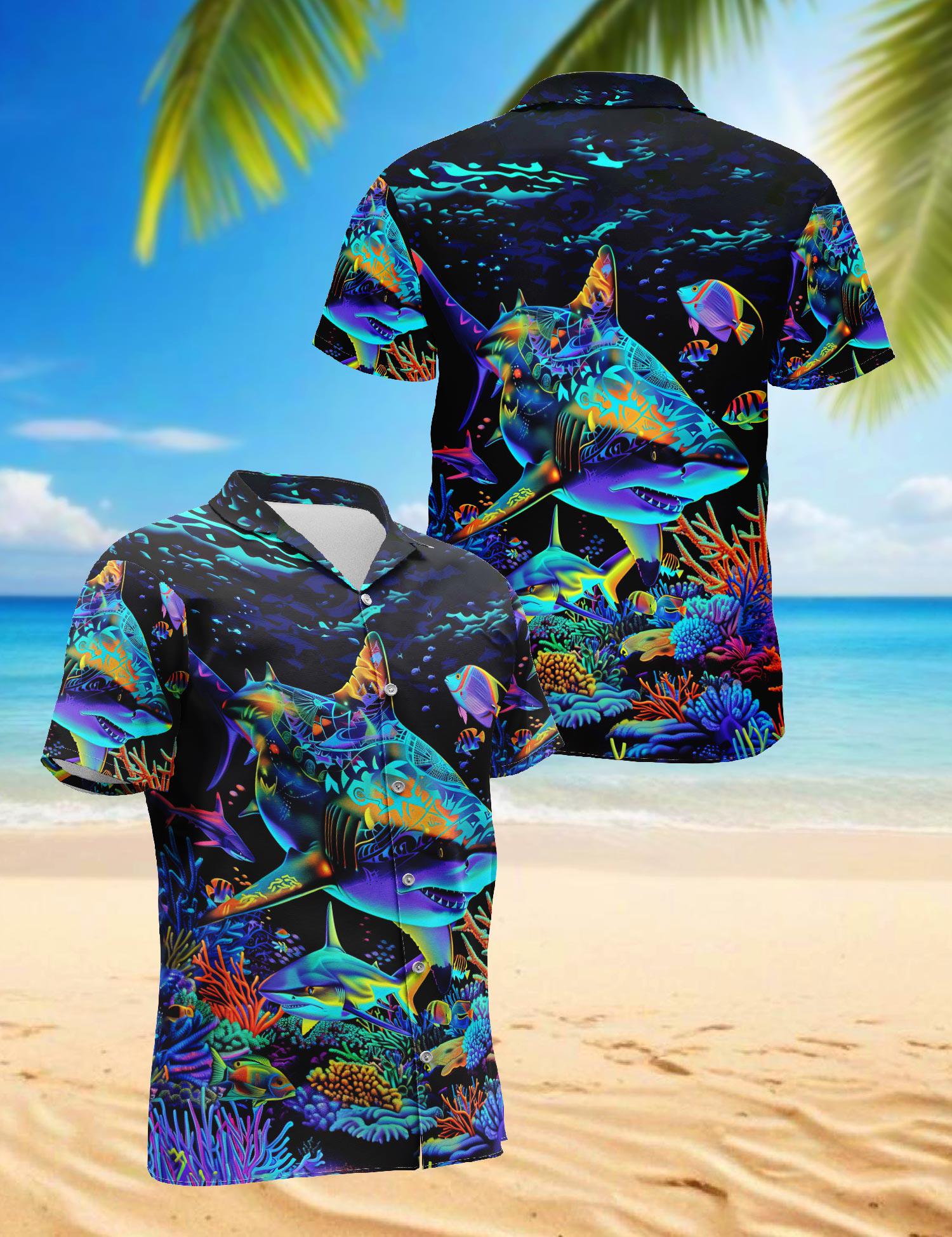 Awesome Shark 3D Hawaiian Shirt, Fierce Ocean Shark Aloha Shirt, Summer Vacation Hawaiian Shirt, Unisex Hawaiian Shirt S–5XL