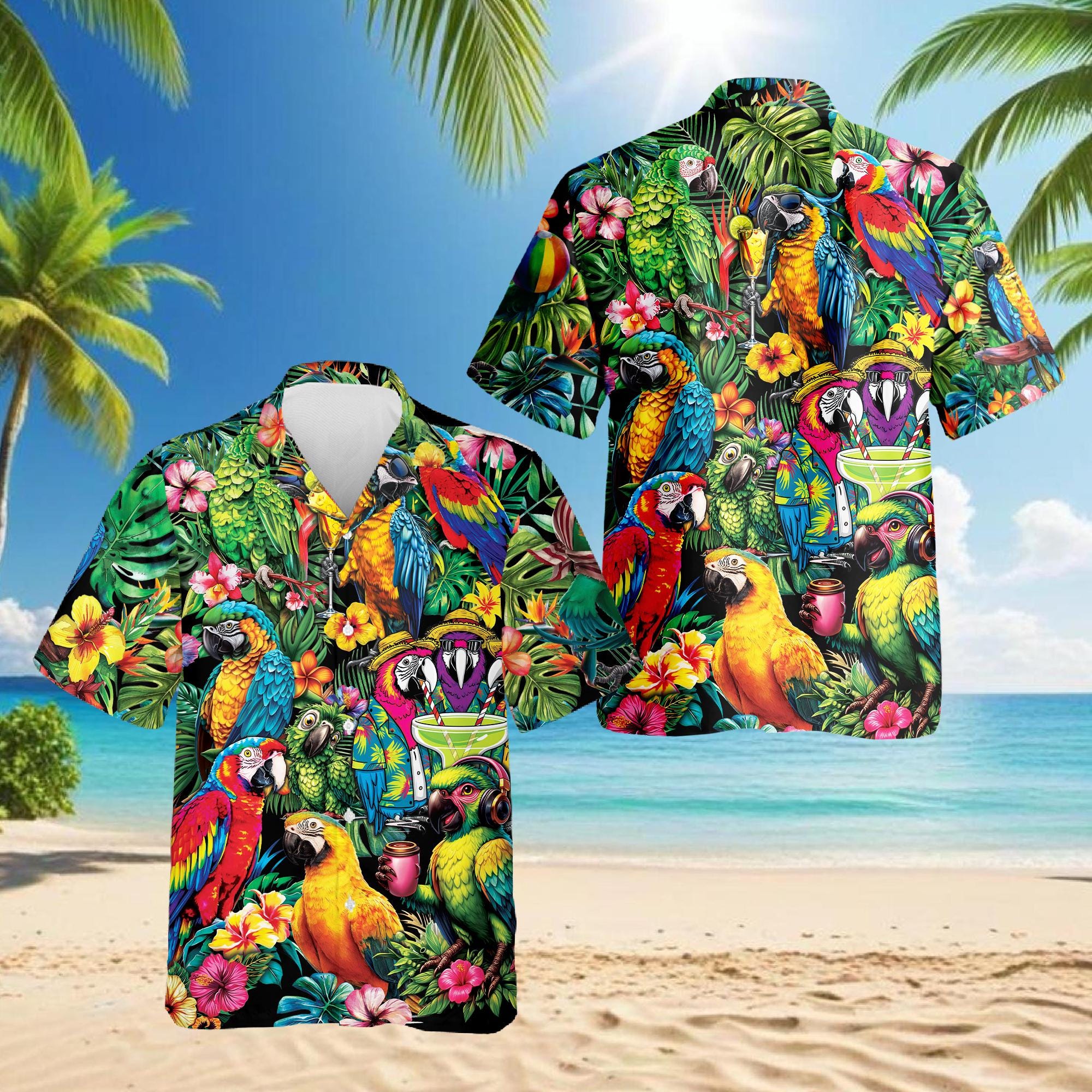 Amazing Aloha Parrot Hawaiian Shirt, Colorful Parrot Tropical Aloha Shirt, Exotic Bird Beach Vacation Shirt, Unisex Hawaiian Shirt, S–5XL