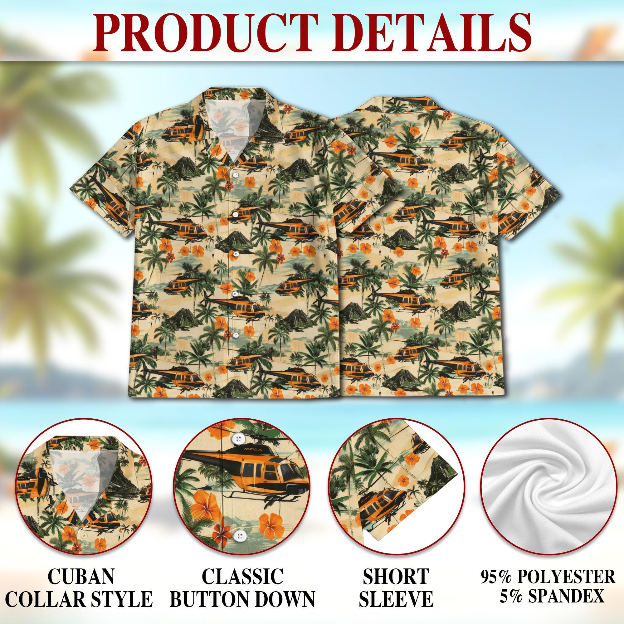Helicopter Hawaiian Shirt for Men, Tropical Pilot Aloha Shirt, Island Military Chopper Print, Beach Vacation Button Up