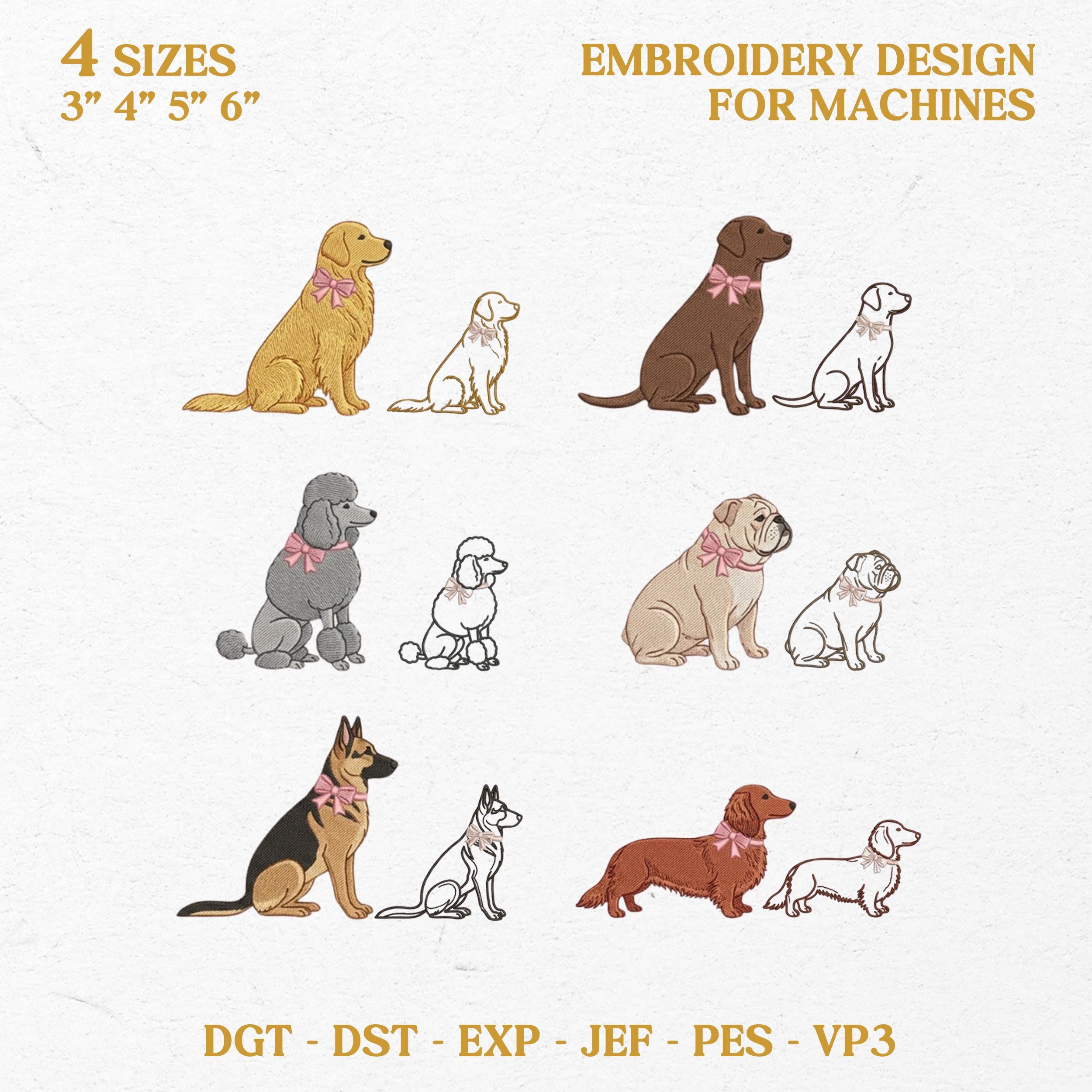 Uptown Dog Embroidery Design Set, 6 Popular Breeds Machine Embroidery Files, Full Color Outline Pet Icons, Pink Bow Aesthetic, Dog Mom Gift