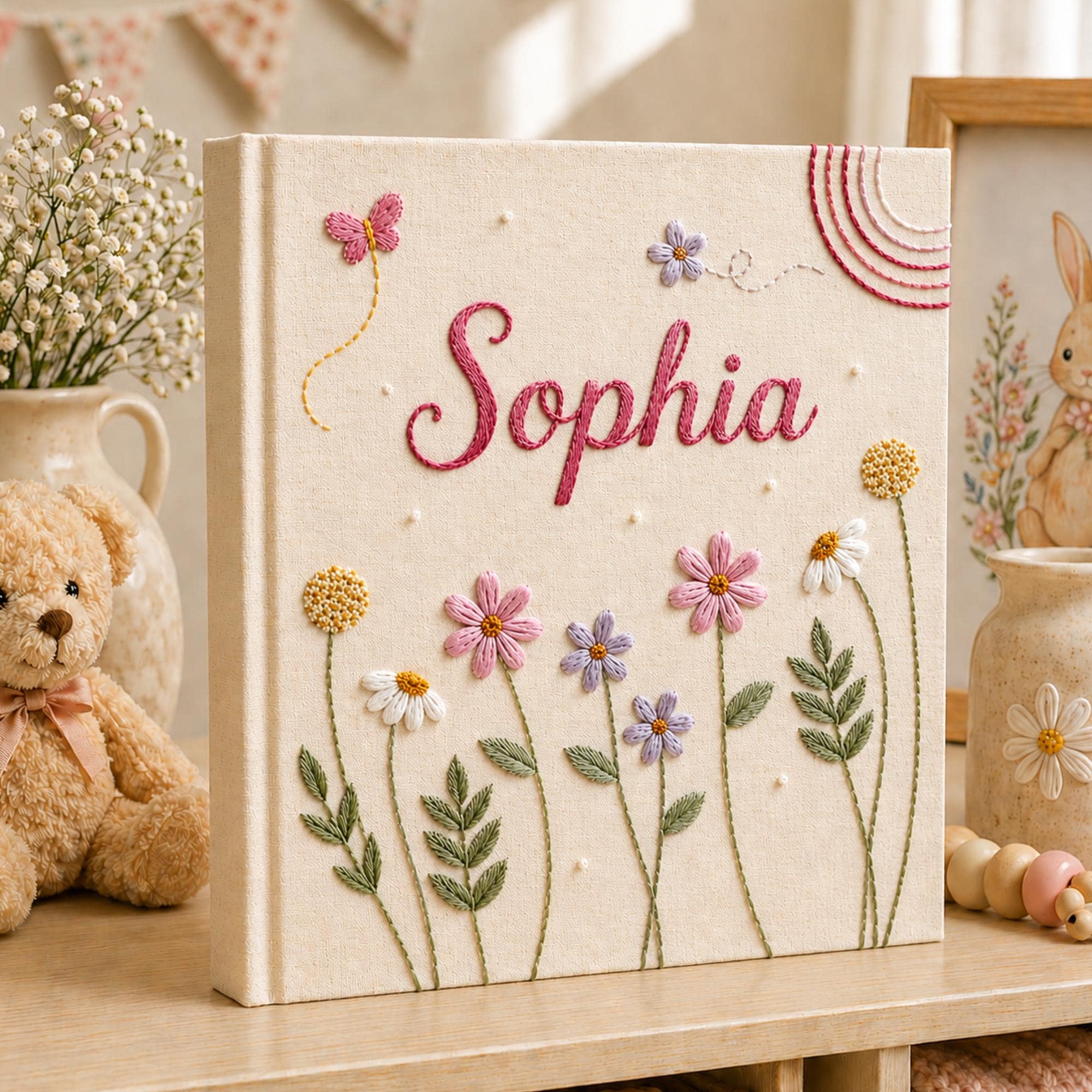 Custom Hand Embroidered Keepsake Album, Floral Butterfly Baby Scrapbook, Unique Keepsake Album, Flower Embroidered Photo Album, Newborn Gift